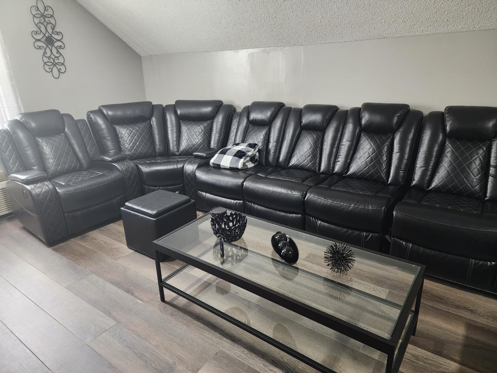 Power Recliner Sofa Sectional Couch with LED Light for Living Room, Leather Reclining Corner Sectional Sofa with 2 Recliner Seats, Cup Holder, Storage Console for House/Home Theater, Black customer photo 1