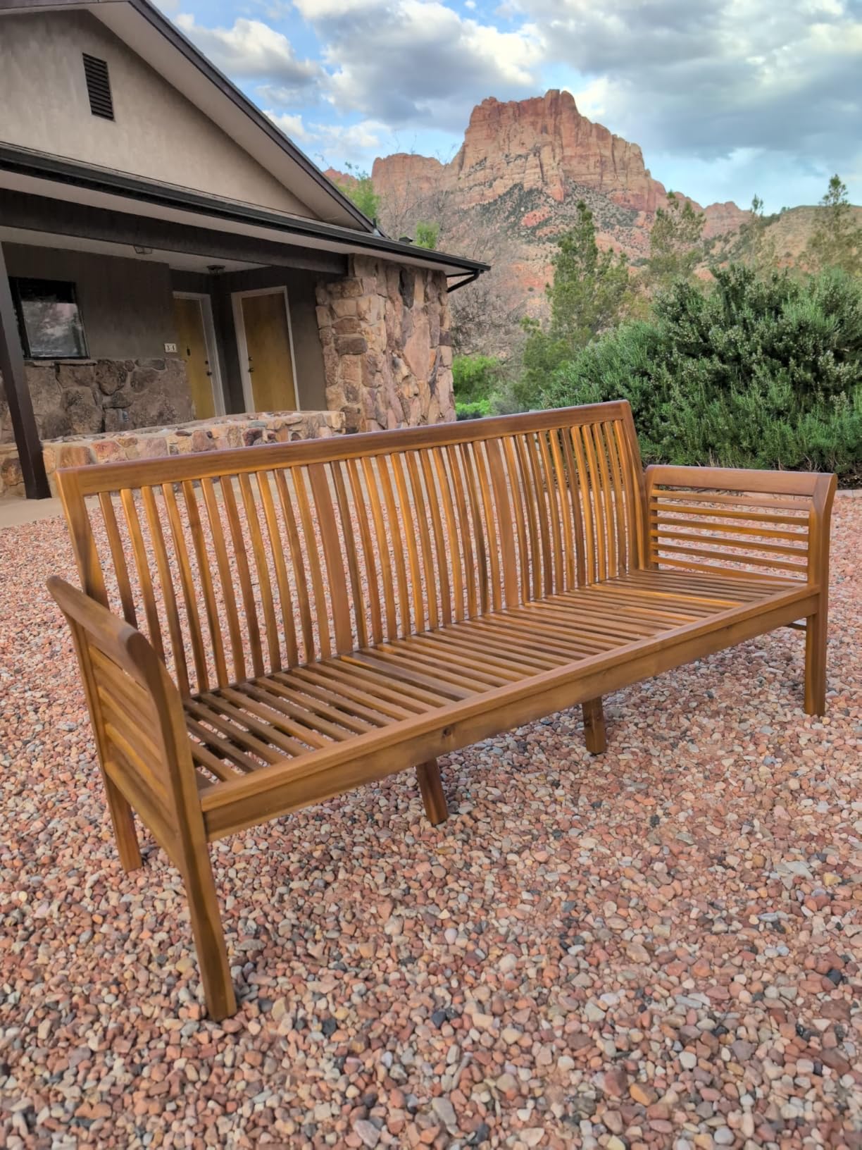 Tangkula 3-Seat Patio Acacia Wood Bench with Cushion, 62.5