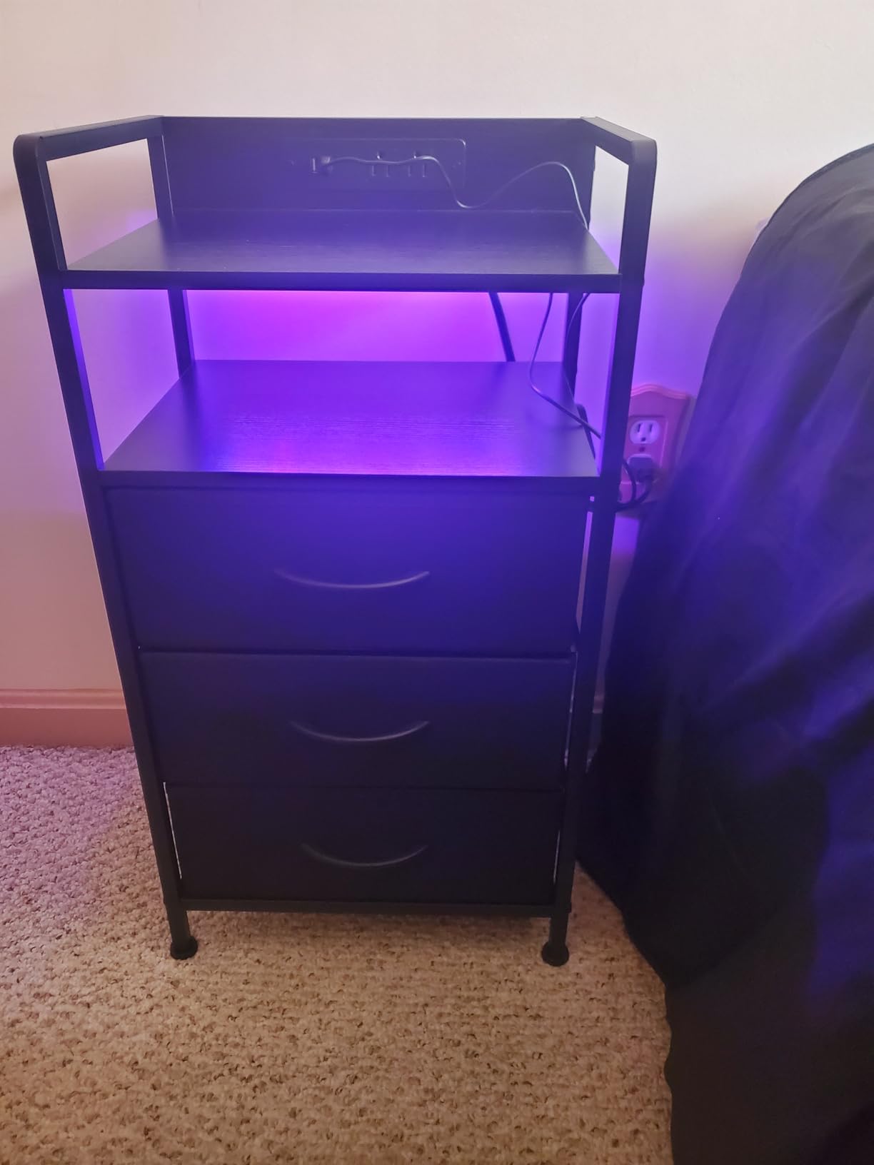 Lazzanto Nightstand with Rear Charging Station, LED Light, 2 Drawers, Black | Industrial Nightstand, 2 USB-A Ports & AC Outlets, Raised Back Guard, Fabric Storage Drawers, Bedside Table for Bedroom, Dorm customer photo 1