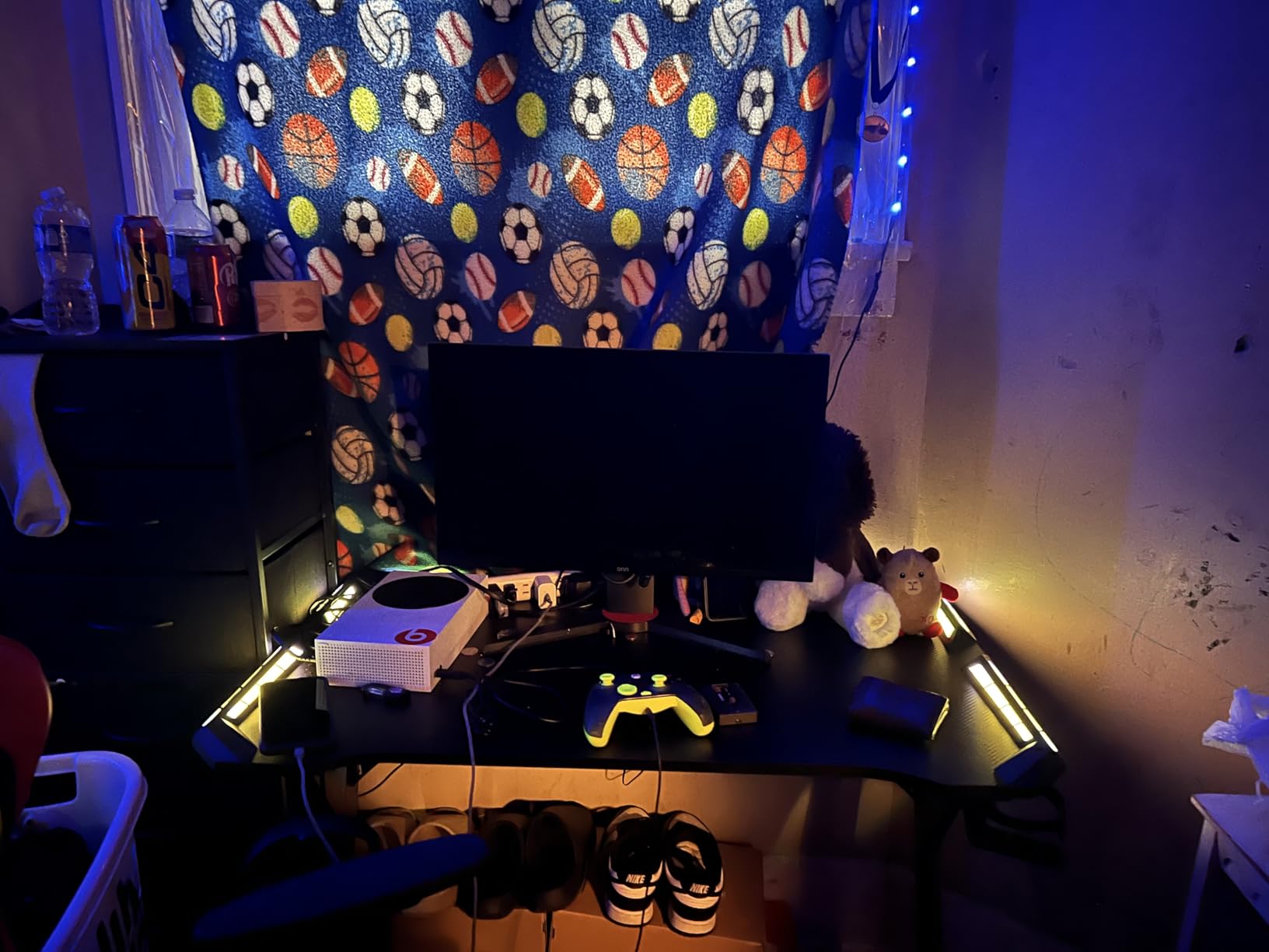 HLDIRECT 40 Inch Gaming Desk with Carbon Fiber Surface & LED Lights, Black | Adjustable RGB LED lighting, 220 lb capacity, cup holder, headphone hook & cable management, for bedroom gaming & studying customer photo 2