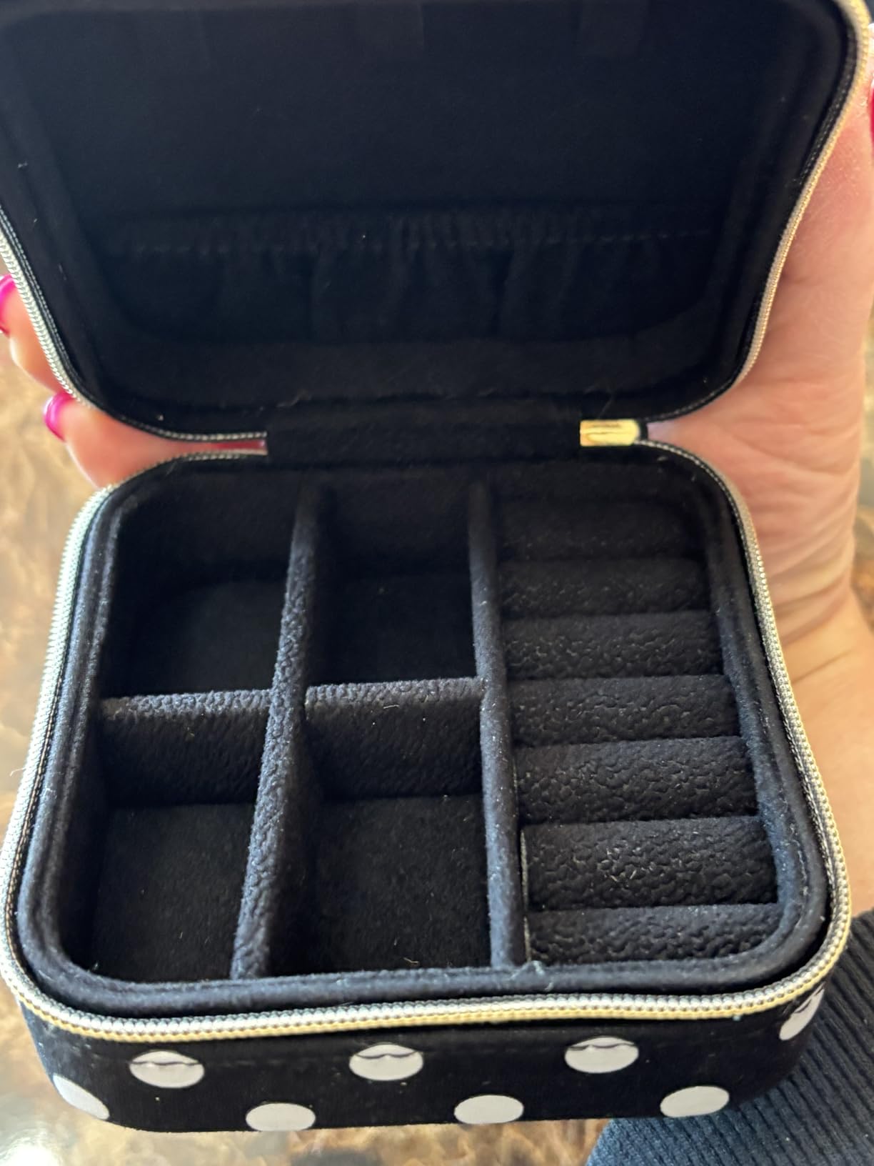 kate spade new york Travel Jewelry Case, Polka Dot | Small Square Case, Black and White Dotted Jewelry Box Organizer for Rings, Necklaces, Earrings On-the-Go with Zipper Closure customer photo 2