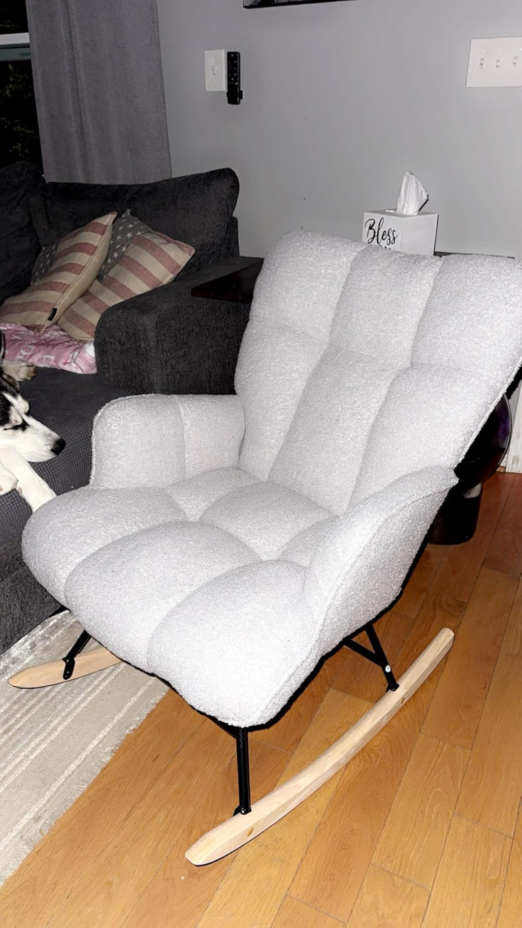 SAETSFEG Rocking Chair Nursery Teddy Upholstered Glider Rocker Rocking Accent Chair Padded Seat with High Backrest Armchair Comfy Side Chair for Living Room Bedroom Offices (Grey Teddy) customer photo 1