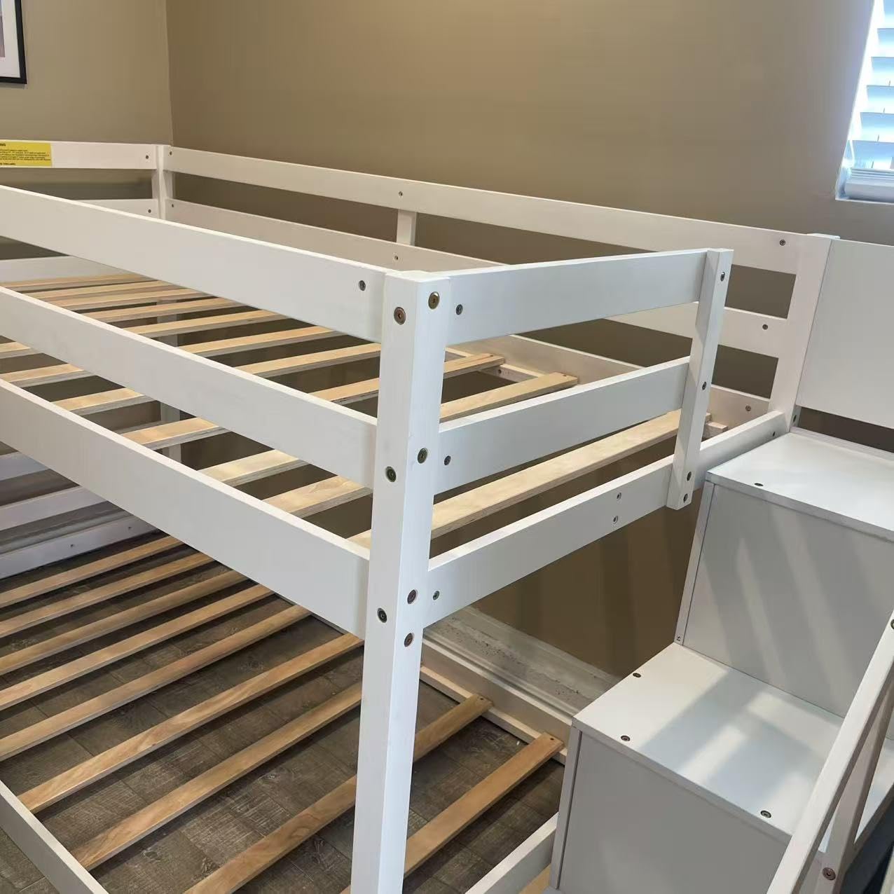 GIANTEX Twin Over Twin Bunk Bed with Stairs, Solid Wood Floor Bunk Bed with Storage Staircase & Full-Length Guardrails, Low Bunk Bed for Kids, Teens, Adults, Dorm, Small Space, White customer photo 2