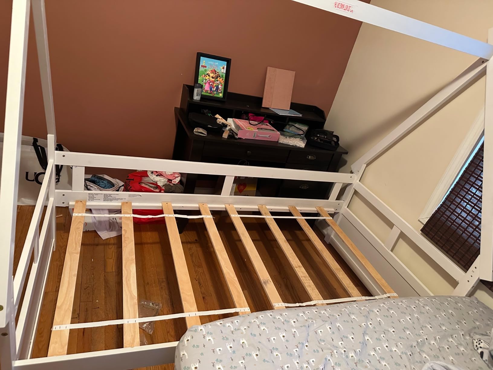 GIANTEX House Bed with Trundle Twin, Wood Montessori Bed Frame with Safety Guardrail, Low Kids Teepee Bed for Boys Girls Teens, No Box Spring Needed, White customer photo 1