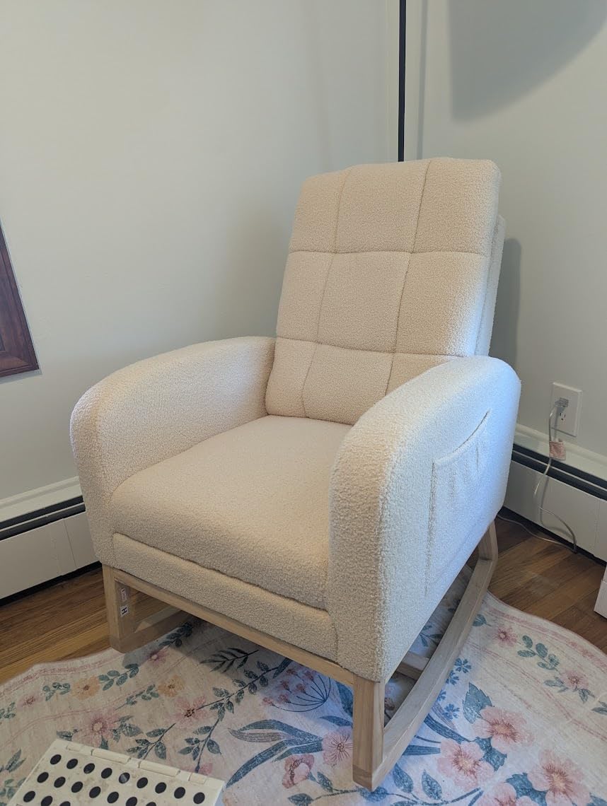 NIOIIKIT Modern Nursery Rocking Chair, Teddy Upholstered Rocking Chair with Footrest, Comfortable Rocker Glider with Side Pocket, Rocker Glider for Living Room, Bedroom, Nursing Room (Beige) customer photo 2