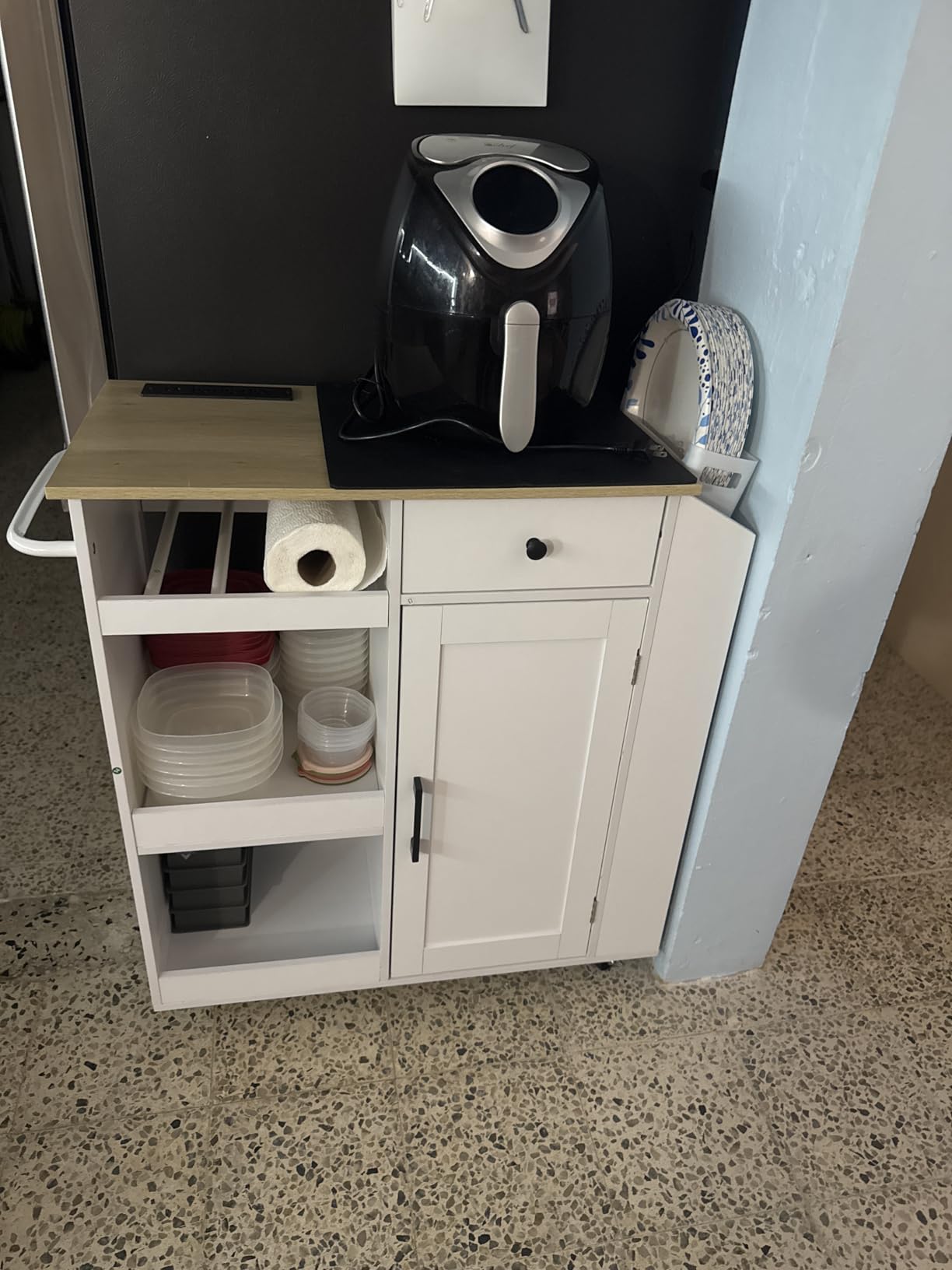 MAHANCRIS Kitchen Island with Power Outlet, Kitchen Storage Island with Drawer, Rolling Kitchen Cart on Wheels, Spice Rack, Towel Rack, Wine Rack, for Dining Room, White and Natural customer photo 2