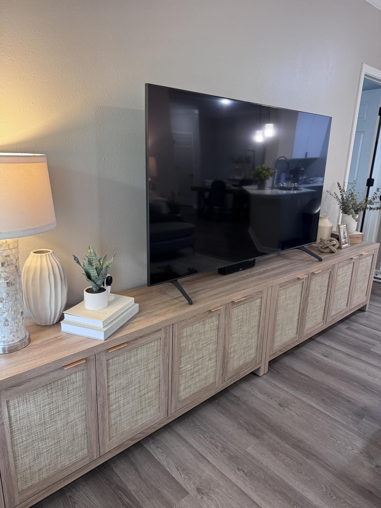 SICOTAS TV Stand for Living Room Boho Entertainment Center for Bedroom with 4 Rattan Cabinets Farmhouse Television Stands with Storage Large Media Console Table for TVs up to 65 Inch customer photo 2