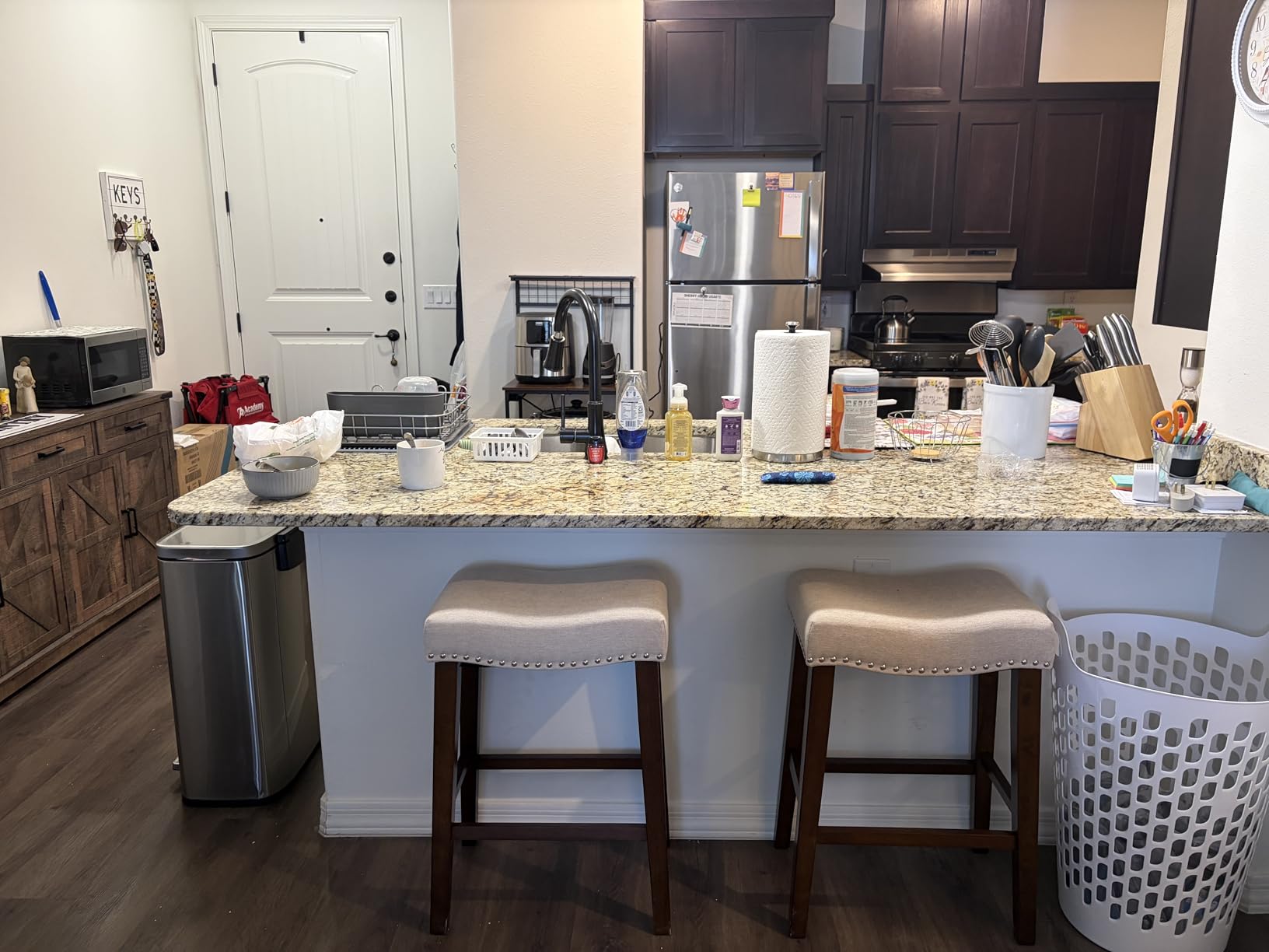 PrimeZone 26 Inch Solid Wood Saddle Backless Bar Stools Set of 3, Beige | Counter Height Barstools with Footrest & Nailhead Trim, Modern Farmhouse Upholstered Linen Counter Stools for Kitchen Island customer photo 2