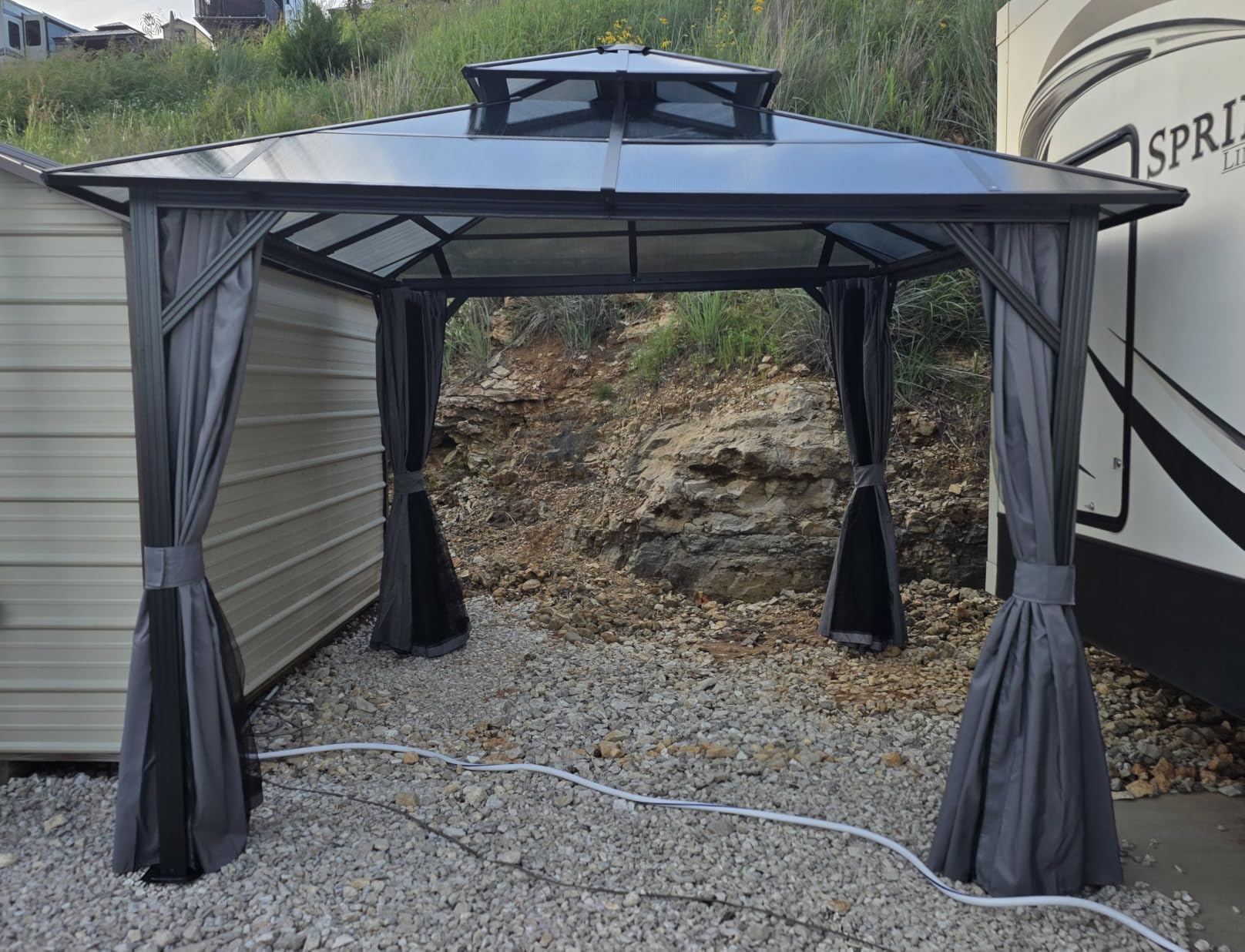 Aoxun 12'x10' Hardtop Gazebo with Polycarbonate Double Roof, Brown | Metal Frame Outdoor Permanent Pavilion with Breathable Netting and Privacy Curtain for Garden, Lawns, Patio customer photo 1