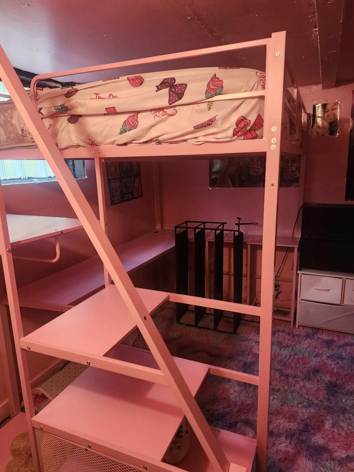 Itaar Stairway Twin Size Loft Bed with L Shaped Desk and Wardrobe, Metal Loft Bed Frame with Storage Stairs, 3 Fabric Drawers, LED Lights & Charging Station (Rustic Brown, Twin) customer photo 2