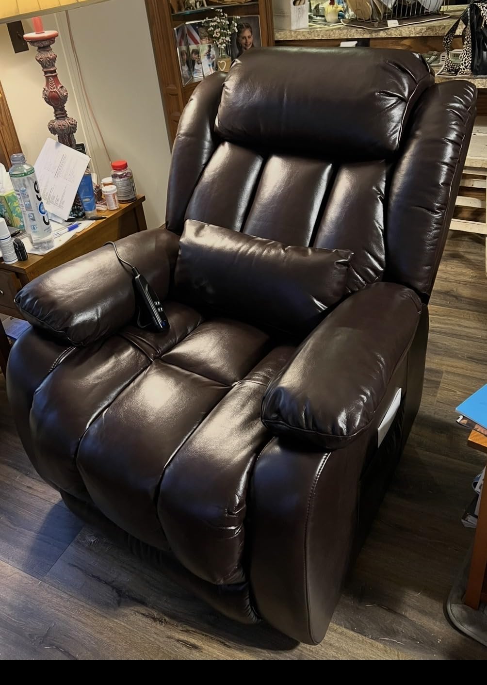 Infinite Position Lay Flat Power Lift Recliner Chair for Elderly, Brown | Dual Motor Power Lift Chair, Massage & Heating, Extended Footrest, USB Ports, Remote Control, Lumbar Pillow, Leather customer photo 1