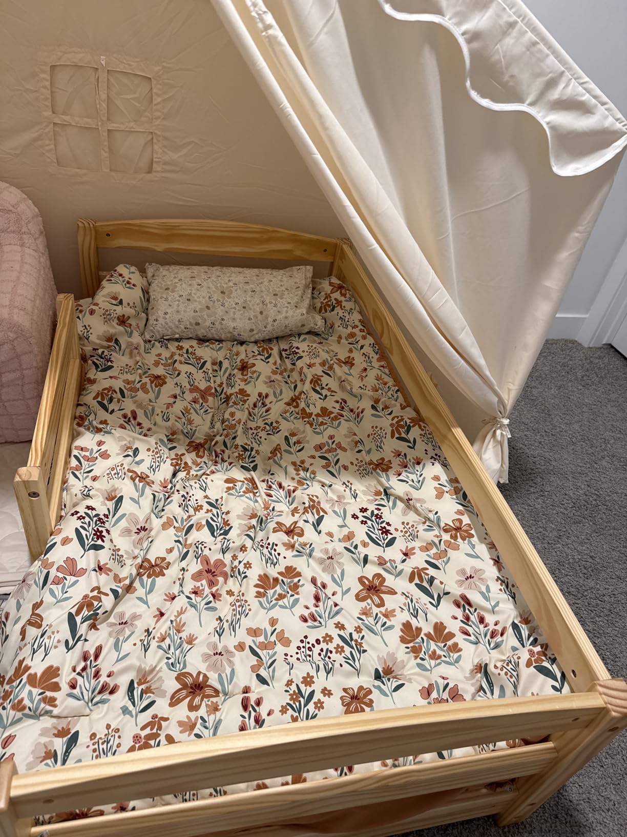 Toddler Bed with Rails | Low Montessori Floor Bed Frame for Kids | Standard Crib Size Wooden Frame for Independent Toddlers 1-3 - White customer photo 1