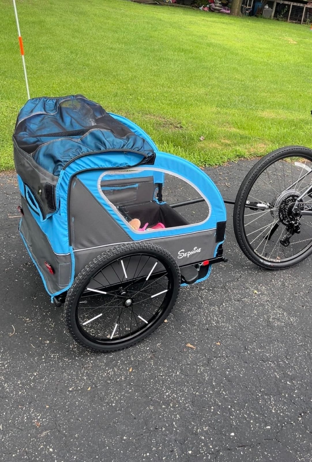 Kids Bike Trailer, 2 in1 Canopy Carrier Converts to Pushcart Suitable for 1 to 2 Toddlers, Kids, Quick Attach to Bike, Foldable, with 5-Point Harness and Storage Bags customer photo 2
