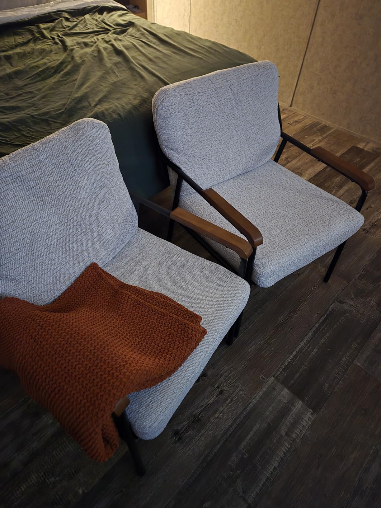 VINGLI Mid-Century Modern Accent Armchair for Small Space, Small Comfy Upholstered Leisure Reading Chair with Wood Armrest for Bedroom, Living Room, Linen Grey customer photo 1