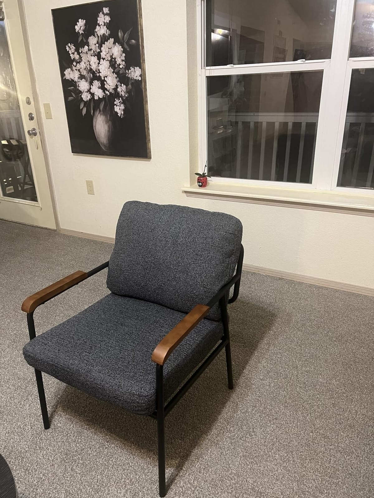 VINGLI Mid-Century Modern Accent Armchair for Small Space, Small Comfy Upholstered Leisure Reading Chair with Wood Armrest for Bedroom, Living Room, Linen Grey customer photo 2