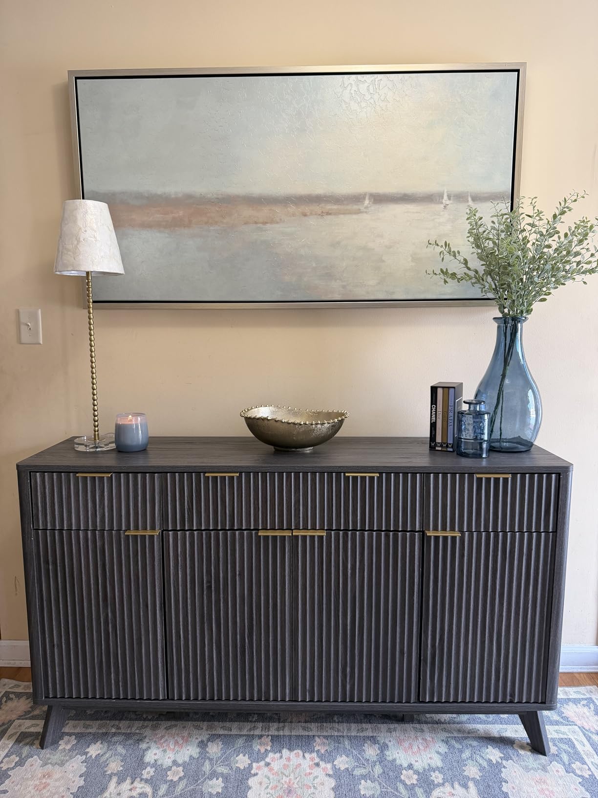 T4TREAM 60 Inch Fluted Buffet Sideboard Cabinet, Natural Oak | Modern Coffee Bar Storage Cabinet With 3 Drawers, for Dining Room, Living Room, Hallway, Oak Wood Grain, Adjustable shelves customer photo 2