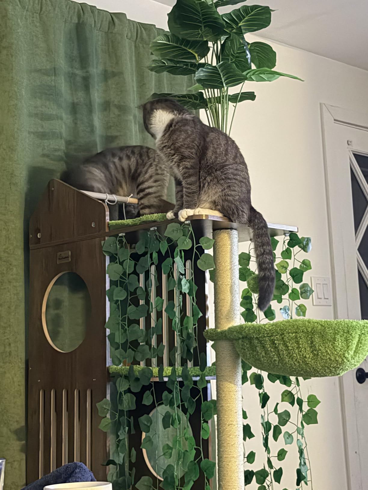 FourFurPets Large Cat Tree with Leaves, 72.8-Inch Cat Tower for Indoor Cats, Modern Cat Tree with Scratching Post, Large Perch, Tunnels, Swing Ball, Self Groomer, Greige customer photo 1