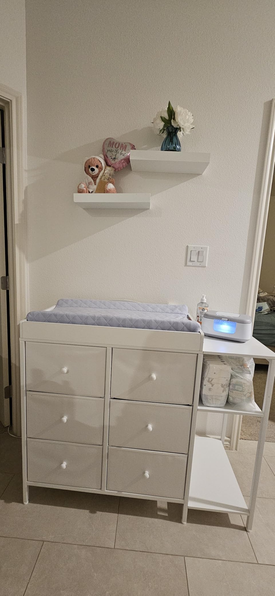 BOLUO Baby Dresser with Changing Table Top, White Changing Table Dresser with 6 Fabric Drawers Diaper Changing Station with Storage Shelf for Nursery Modern customer photo 2