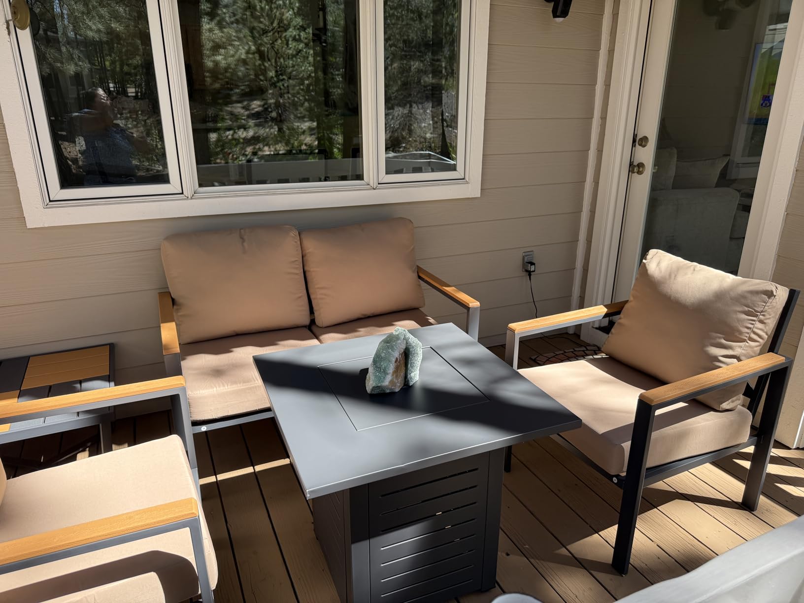 5-Piece Patio Set with 28 in Propane Fire Pit, Taupe | E-coated metal frame, 4.8 in cushions, plastic wood accents, CSA fire pit, for patio, porch, deck, garden and backyard customer photo 1