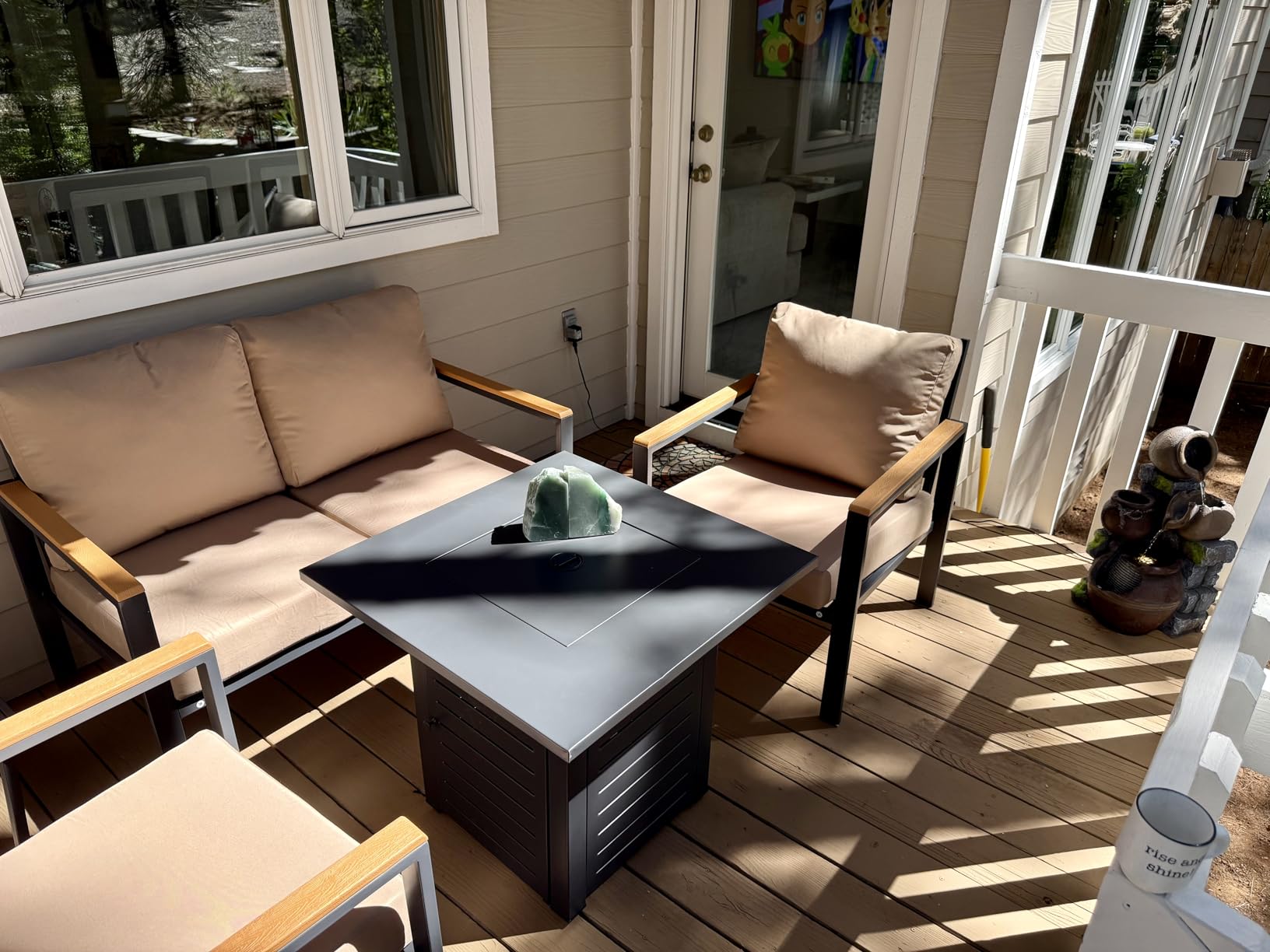 5-Piece Patio Set with 28 in Propane Fire Pit, Taupe | E-coated metal frame, 4.8 in cushions, plastic wood accents, CSA fire pit, for patio, porch, deck, garden and backyard customer photo 2