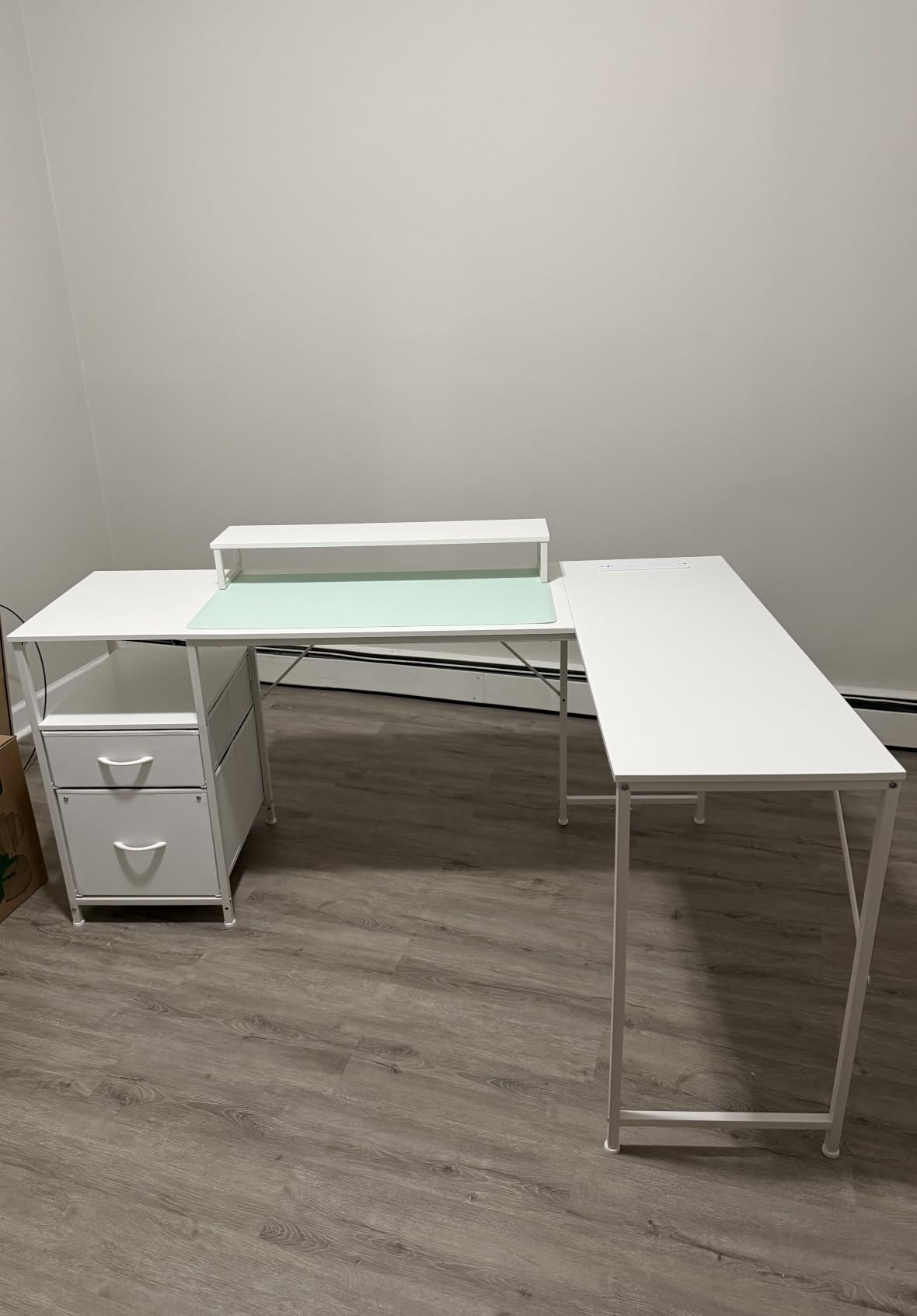 PRAISUN 63 Inch L Shaped Desk with Power Outlets and USB-C Port, Computer Corner Home Office Desk with File Fabric Drawers and Movable Monitor Stand, Larger Storage, Gaming, Writing, Rustic Brown customer photo 1