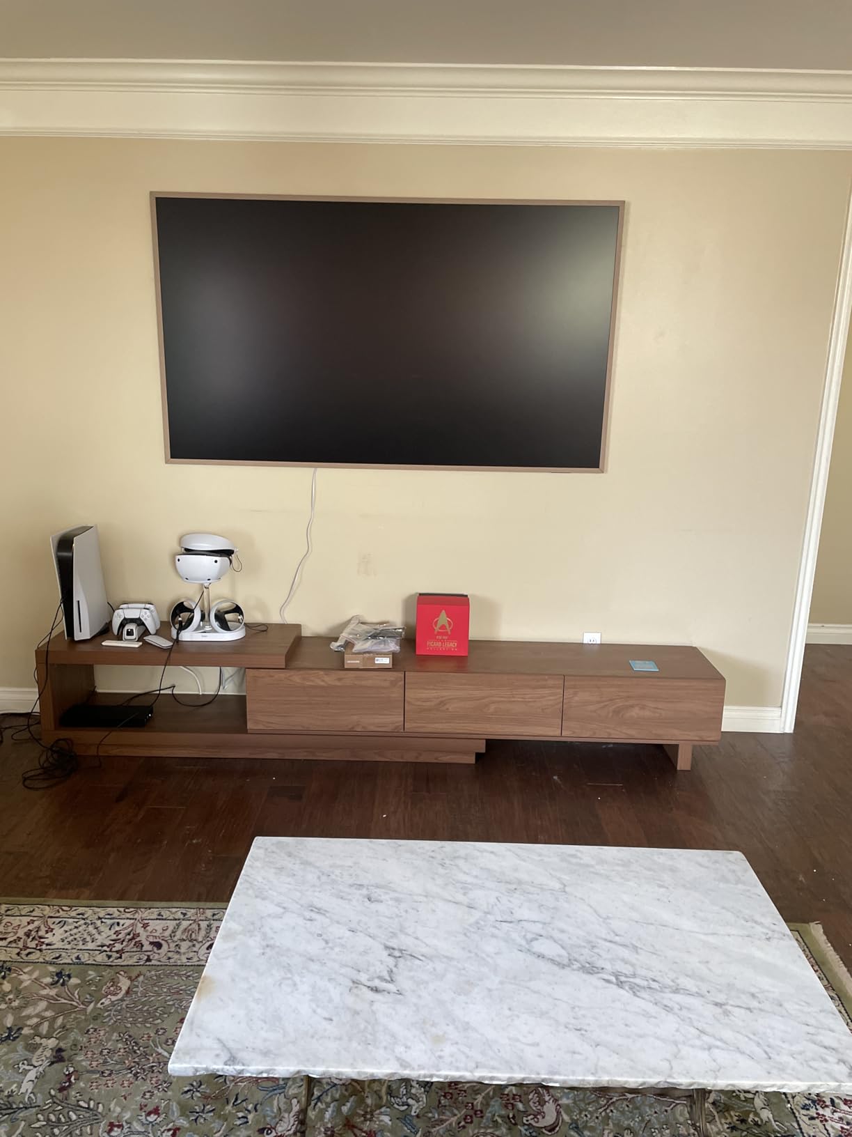 Extendable TV Stand for 65-100 Inches TVs - Walnut Entertainment Console with 3 Drawers & 1 Storage Compartment, Adjustable Length 68.5''-98.4'' customer photo 1