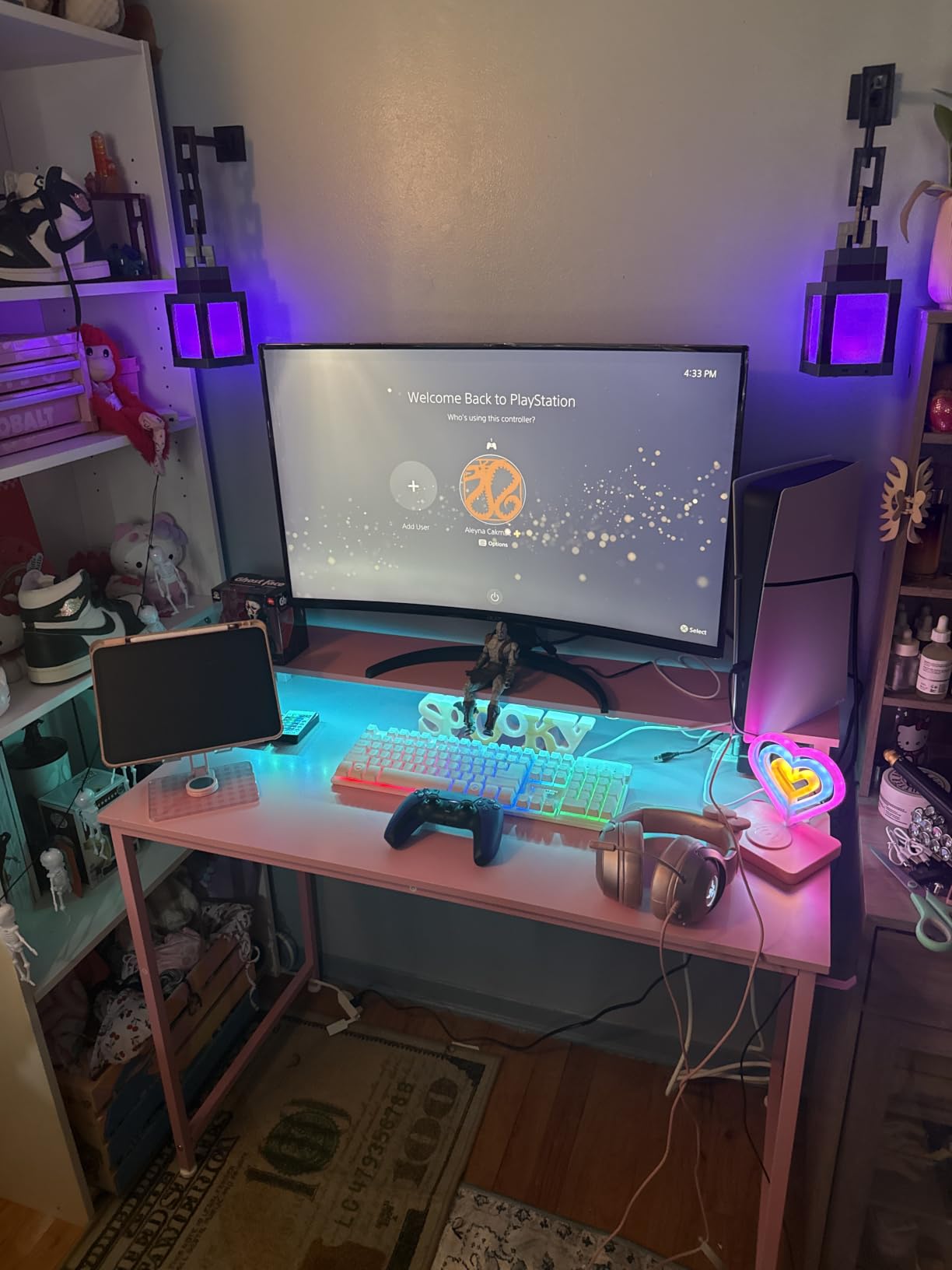 Lufeiya Small Desk with Power Outlets and LED Lights, 32 Inch Teen Writing Study Table Home Office Computer Desks with Monitor Stand, Gaming Desk with Charging Station, Black customer photo 1