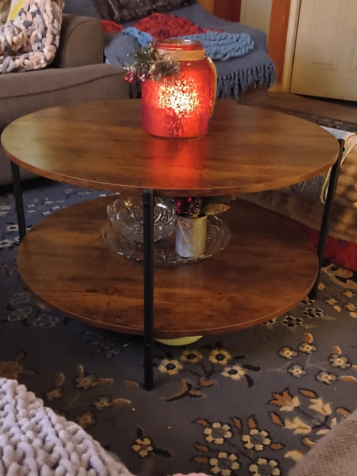 WLIVE Round Coffee Table, 2-Tier Small Coffee Table with Storage Shelf, Circle Wood Center Table for Living Room, Apartment, Easy Assembly, Rustic Brown customer photo 1