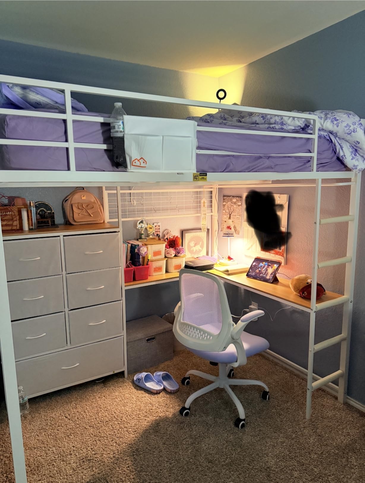 DICTAC Twin Loft Bed with L-Shaped Desk and 7 Storage Drawers,Metal Twin Size Loft Bed for Kids with LED Lights and Charging Station,13.11