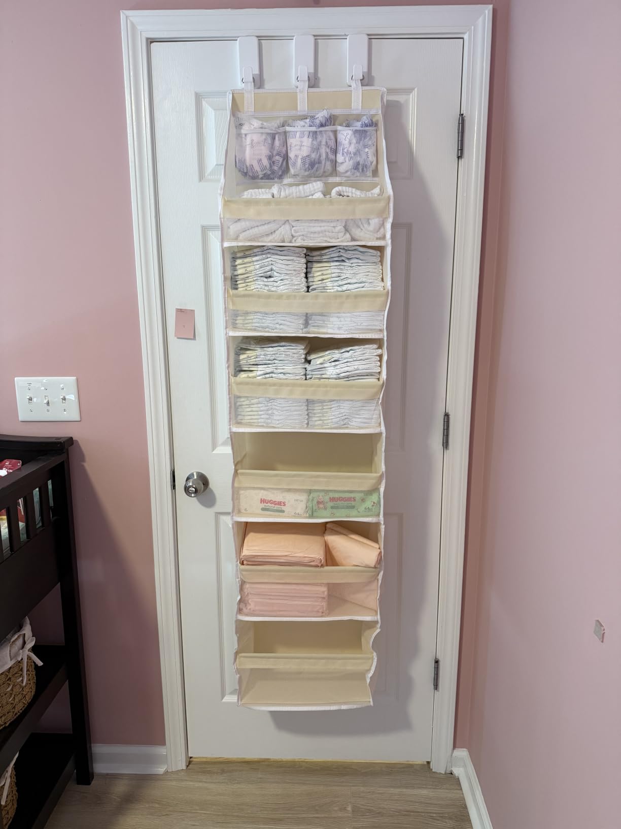 Criusia Over the Door Organizer, 6-Shelf Closet Hanging Storage with 13 Mesh Pockets, 55lbs Capacity Behind the Door Storage for Baby Nursery, Bathroom, Bedroom, and Dorm, Beige customer photo 2