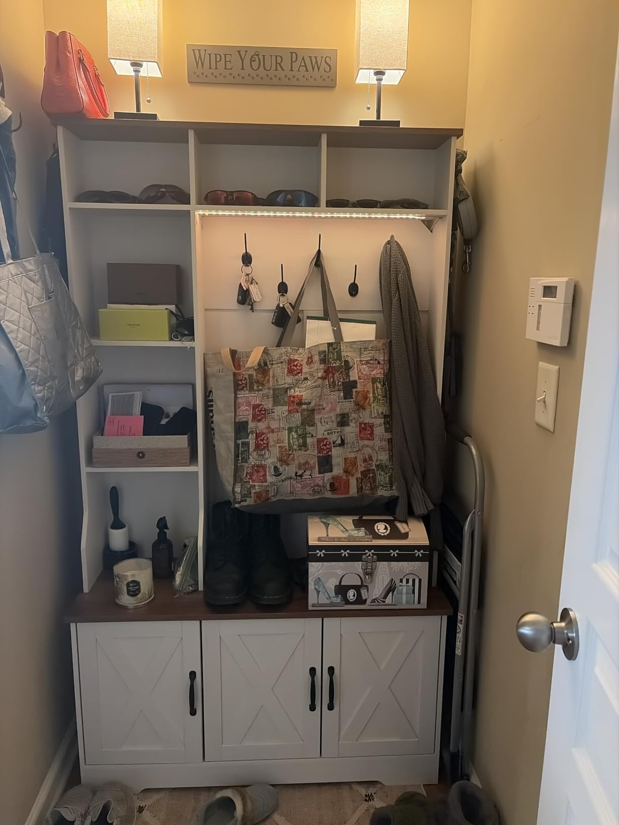 CSZZD Hall Tree with Bench & Entryway Coat Rack with Shoe Storage | Farmhouse Entryway Bench with Led Lights, 7 Coat Hooks, 6 Storage Cubbies, Adjustable Shelf, Spacious Shoe Storage Bench customer photo 2