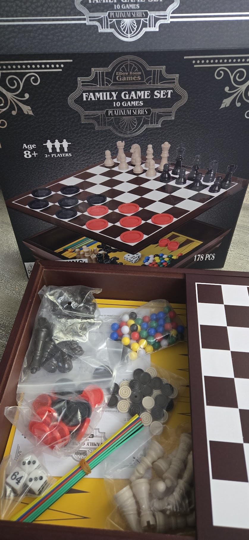 Elbow Room Games Family Game Set, 10 Classic Games with Wooden Storage Box and Built-in Game Boards, Endless Fun for Game Nights, Gatherings & Travel, 2+ Players customer photo 1