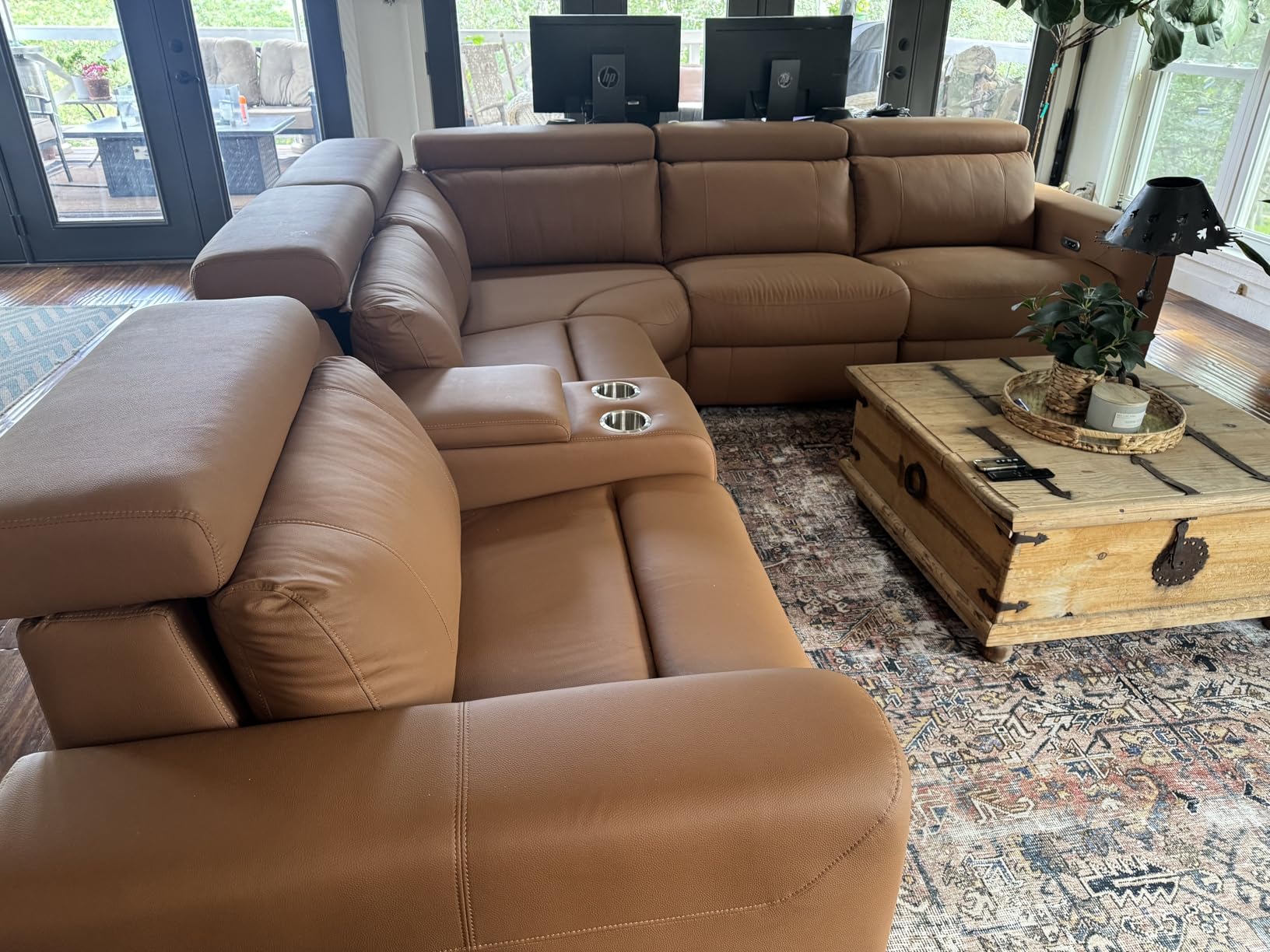 Power Reclining Sectional, Sectional Recliner, Leather Reclining Sectional | Electric Reclining Couch with Storage & USB, Console, Adjustable Headrest & Cup Holders for Living Room, 5-Seater Beige Brown customer photo 1