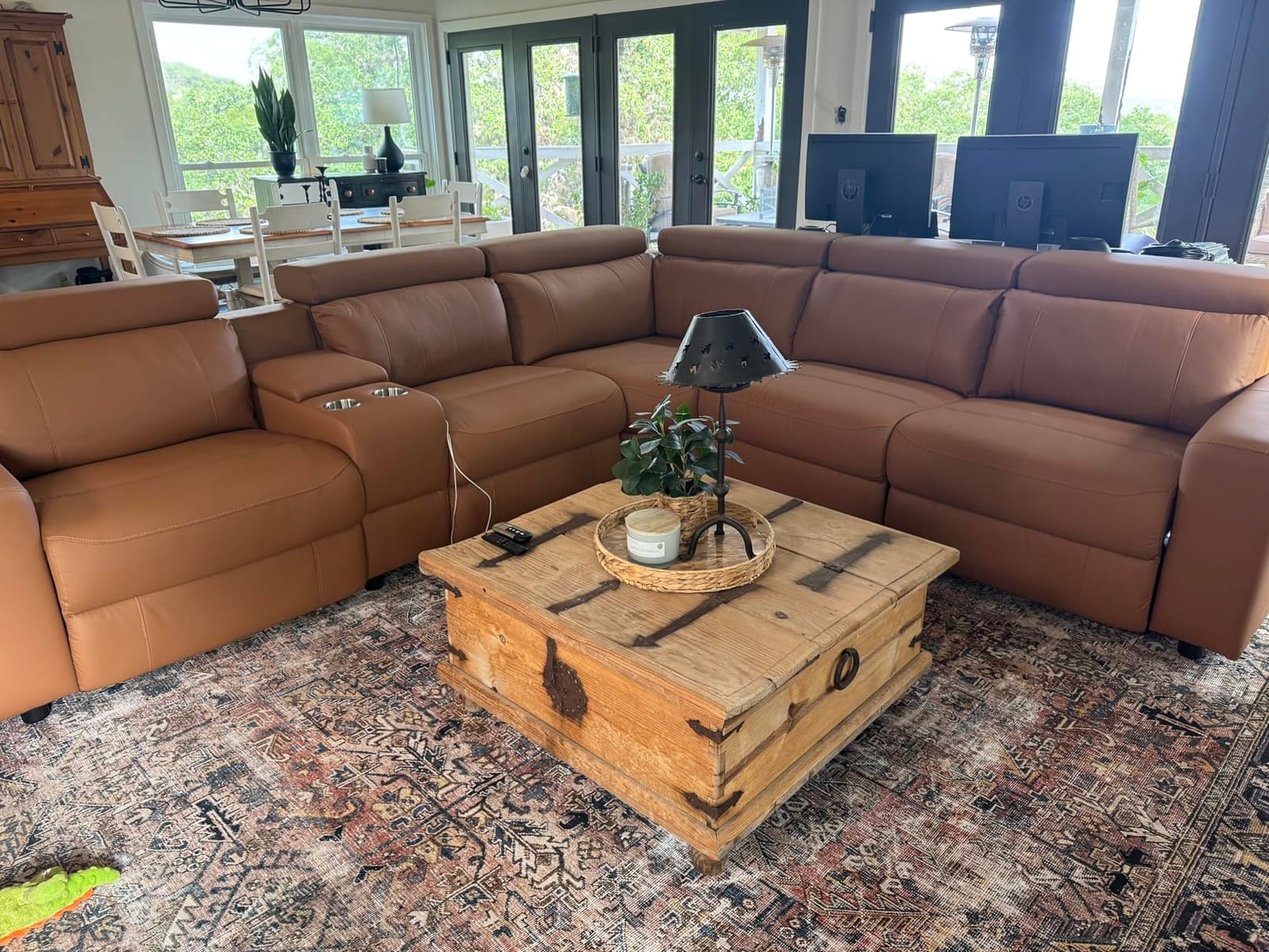 Power Reclining Sectional, Sectional Recliner, Leather Reclining Sectional | Electric Reclining Couch with Storage & USB, Console, Adjustable Headrest & Cup Holders for Living Room, 5-Seater Beige Brown customer photo 2