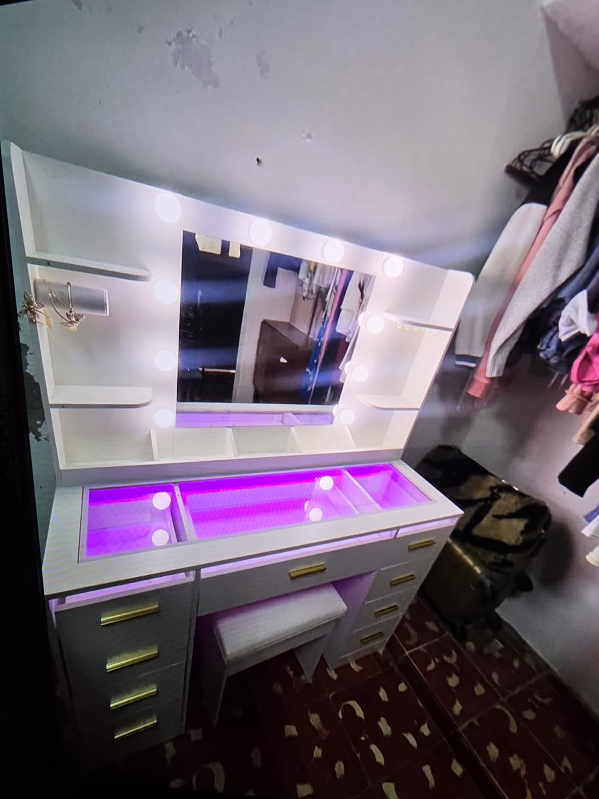 ANWBROAD Large Vanity Desk with Mirror and Lights & Transparent Glass Top, 3 Colors Makeup Vanity Table Set with 9 RGB Drawers, Power Outlet, White Vanity Stool and 4 Shelves for Bedroom Women customer photo 1