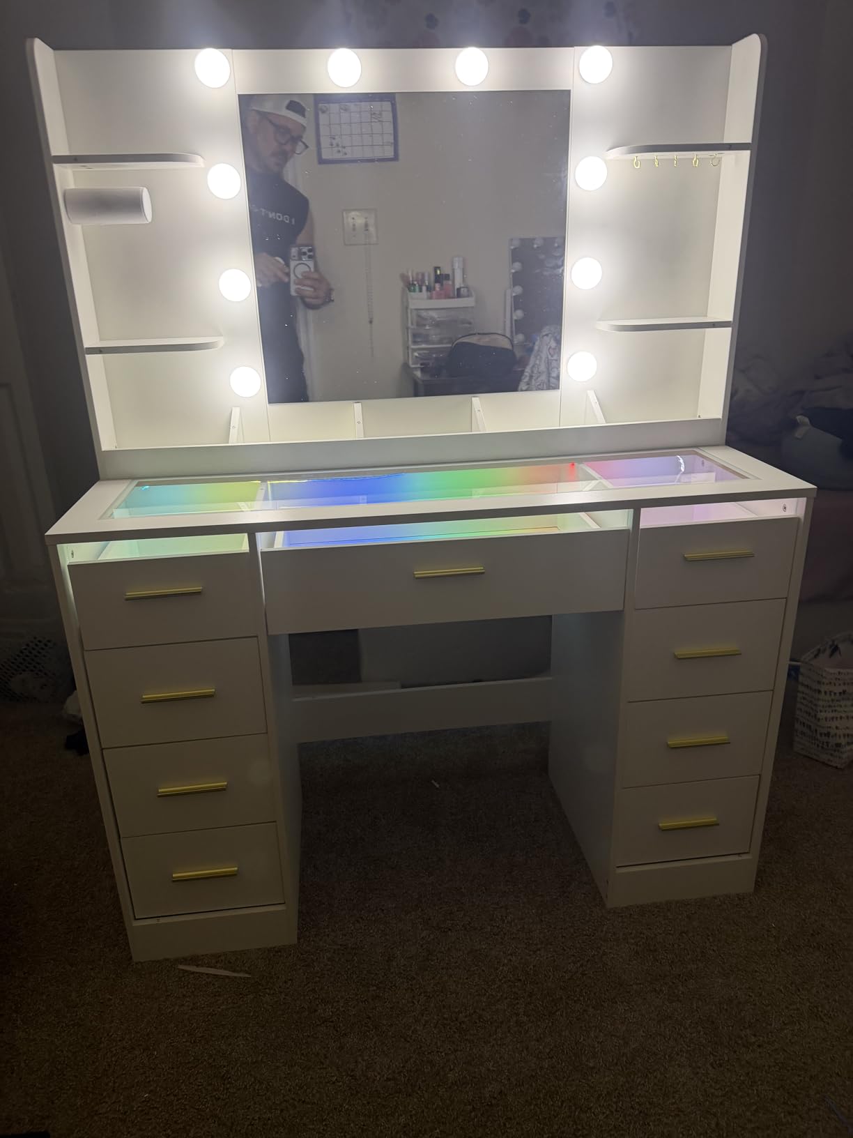 ANWBROAD Large Vanity Desk with Mirror and Lights & Transparent Glass Top, 3 Colors Makeup Vanity Table Set with 9 RGB Drawers, Power Outlet, White Vanity Stool and 4 Shelves for Bedroom Women customer photo 2