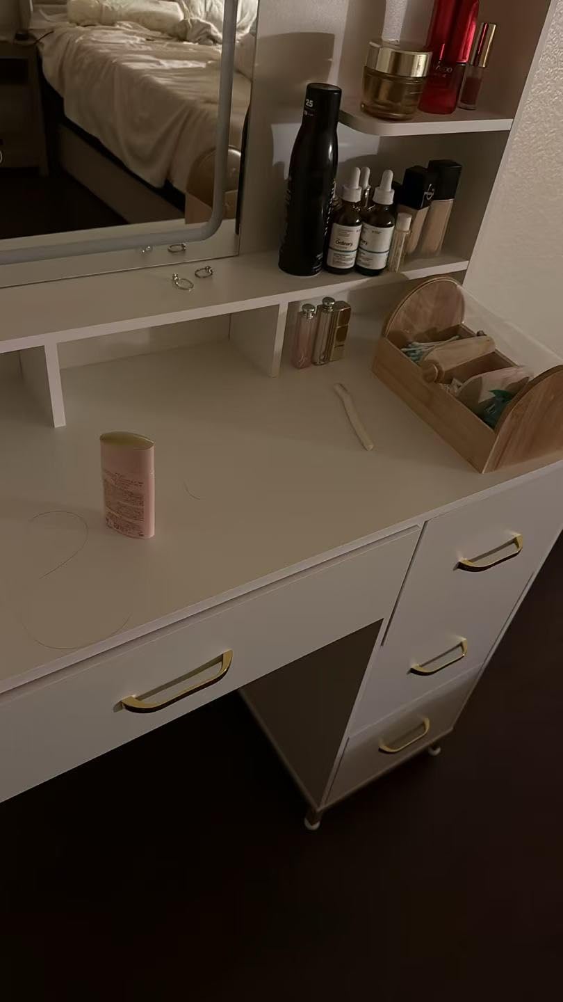 COMHOMA Vanity Desk with Mirror and Lights, Makeup Vanity Table with 4 Drawers & Storage Shelves, Large HD Mirror, 3 Color Modes & Adjustable Brightness, Modern Dressing Table for Bedroom, Pearl White customer photo 1