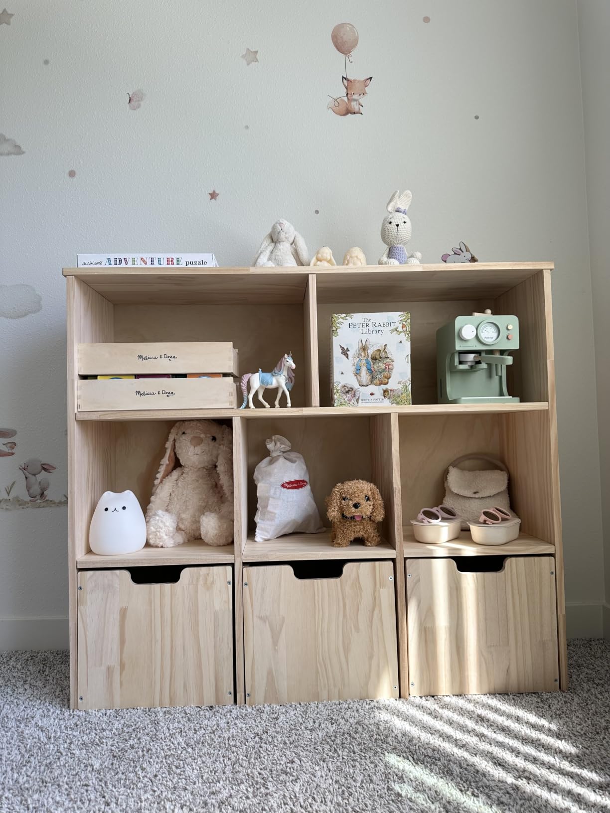 EXPERLAM Solid Pine Wood Toy Storage Organizer, Kids Bookshelf and Toy Organizer with 3 Rolling Drawers, 5 Storage Cubes, Montessori Playroom Storage Cabinet, Burlywood customer photo 1