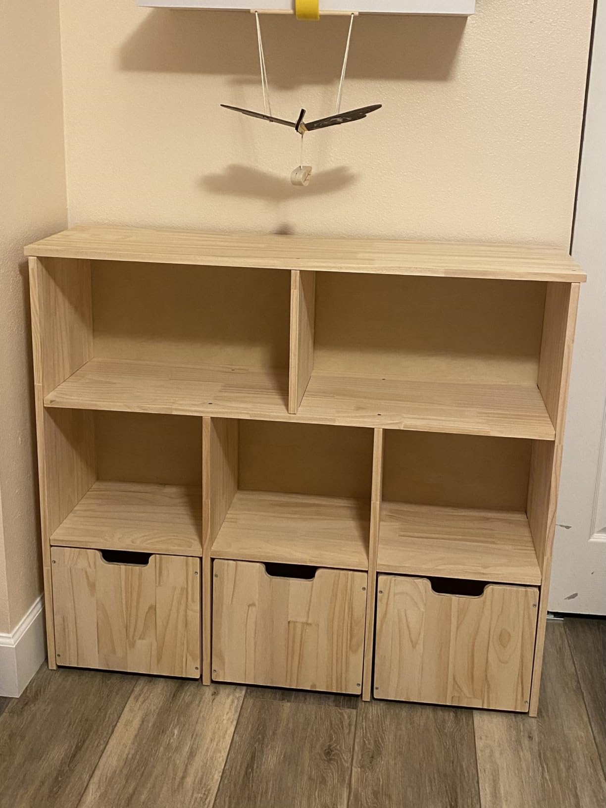 EXPERLAM Solid Pine Wood Toy Storage Organizer, Kids Bookshelf and Toy Organizer with 3 Rolling Drawers, 5 Storage Cubes, Montessori Playroom Storage Cabinet, Burlywood customer photo 2