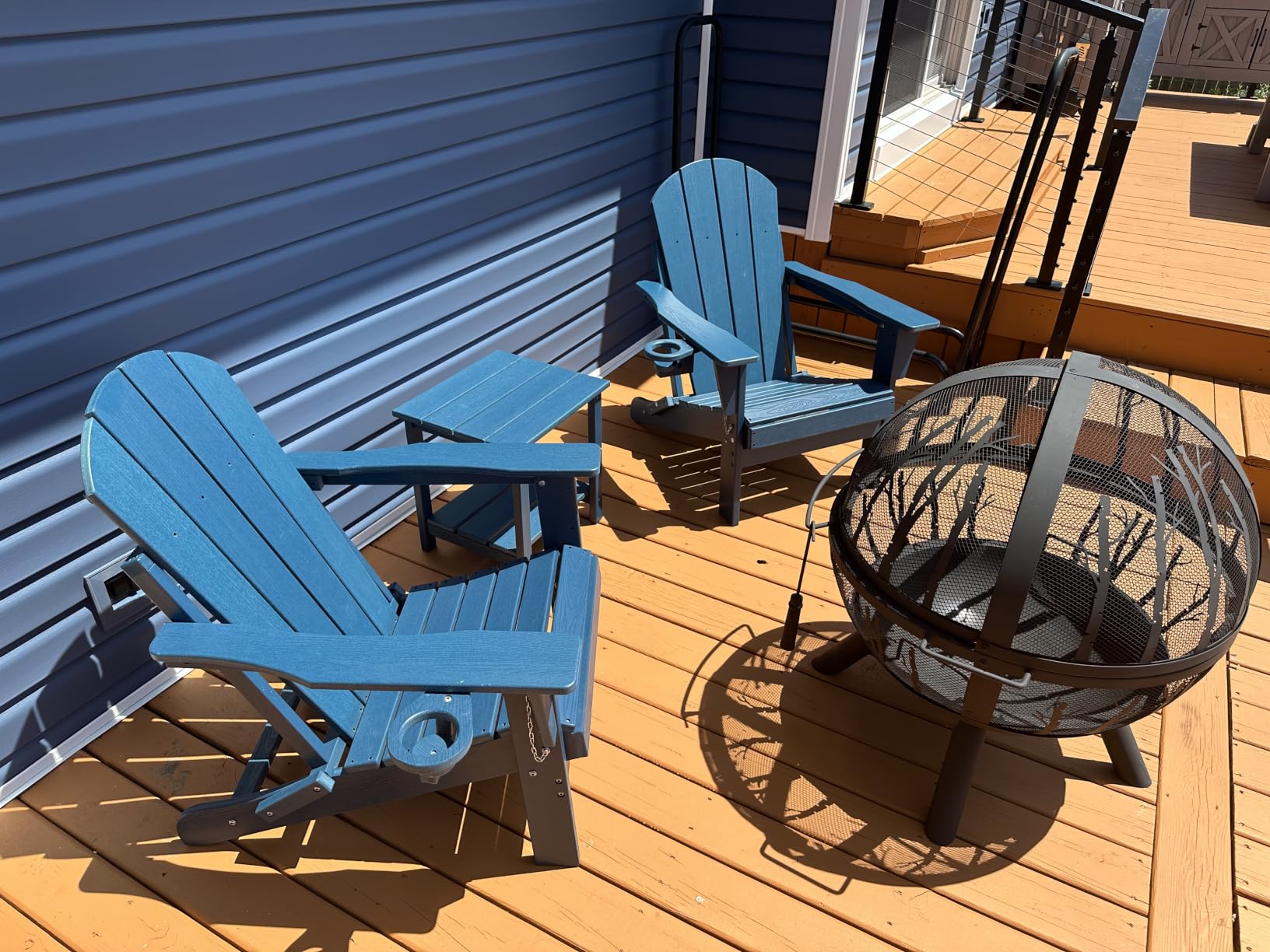 HDPE Folding Adirondack Chair Set of 2 with Side Table, Navy Blue | All-Weather Resistant & Wood Textured & Cup Holder Plastic Outdoor Chair Set for Patio, Deck, Garden, Fir Pit customer photo 1