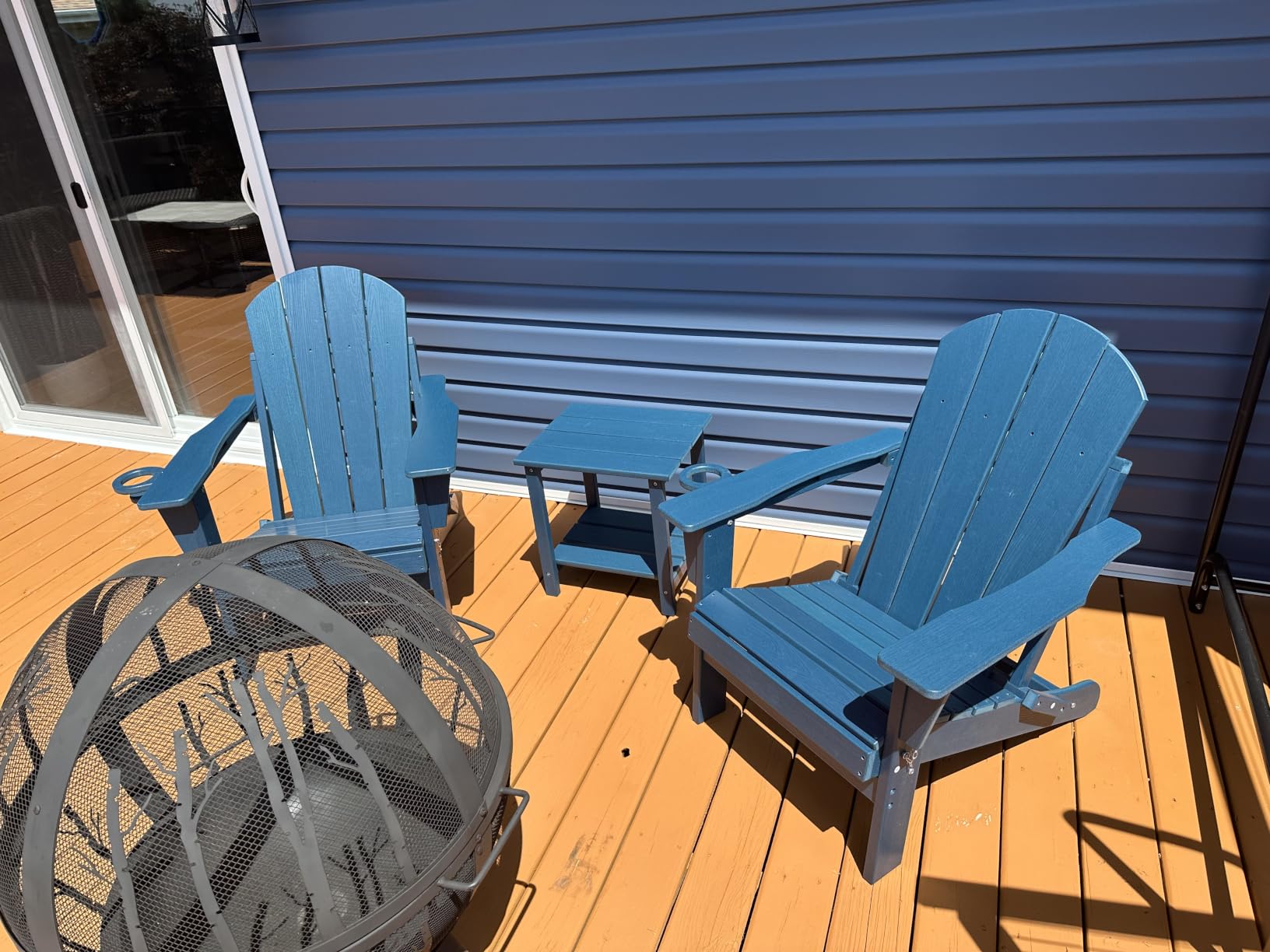 HDPE Folding Adirondack Chair Set of 2 with Side Table, Navy Blue | All-Weather Resistant & Wood Textured & Cup Holder Plastic Outdoor Chair Set for Patio, Deck, Garden, Fir Pit customer photo 2
