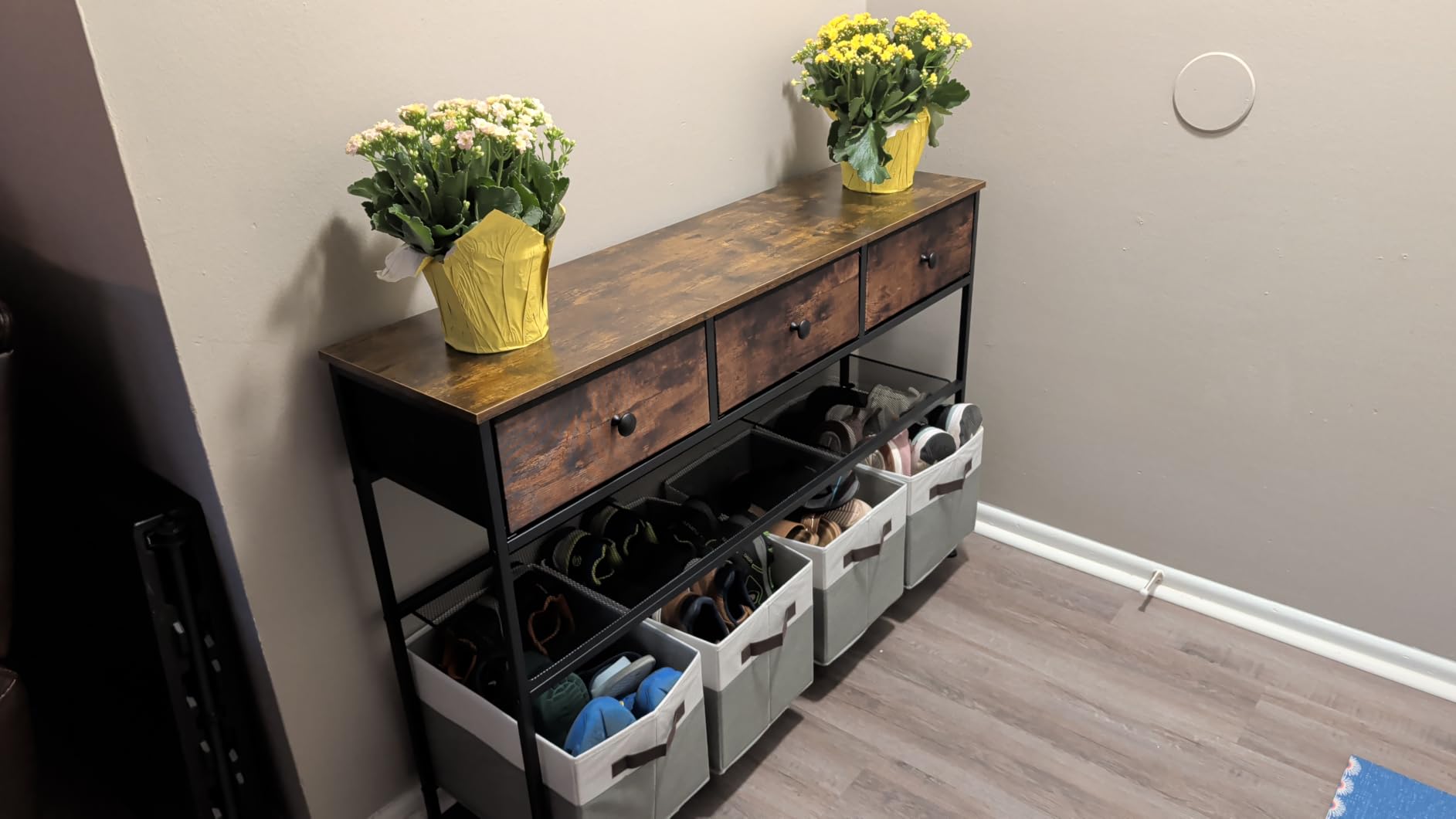 SONGMICS Console Table with 3 Fabric Drawers, Narrow Entryway Furniture, 38.9 x 11.8 x 31 inch, Storage Shelves, Rustic Brown, BELLAH Collection ULGS098K101 customer photo 2