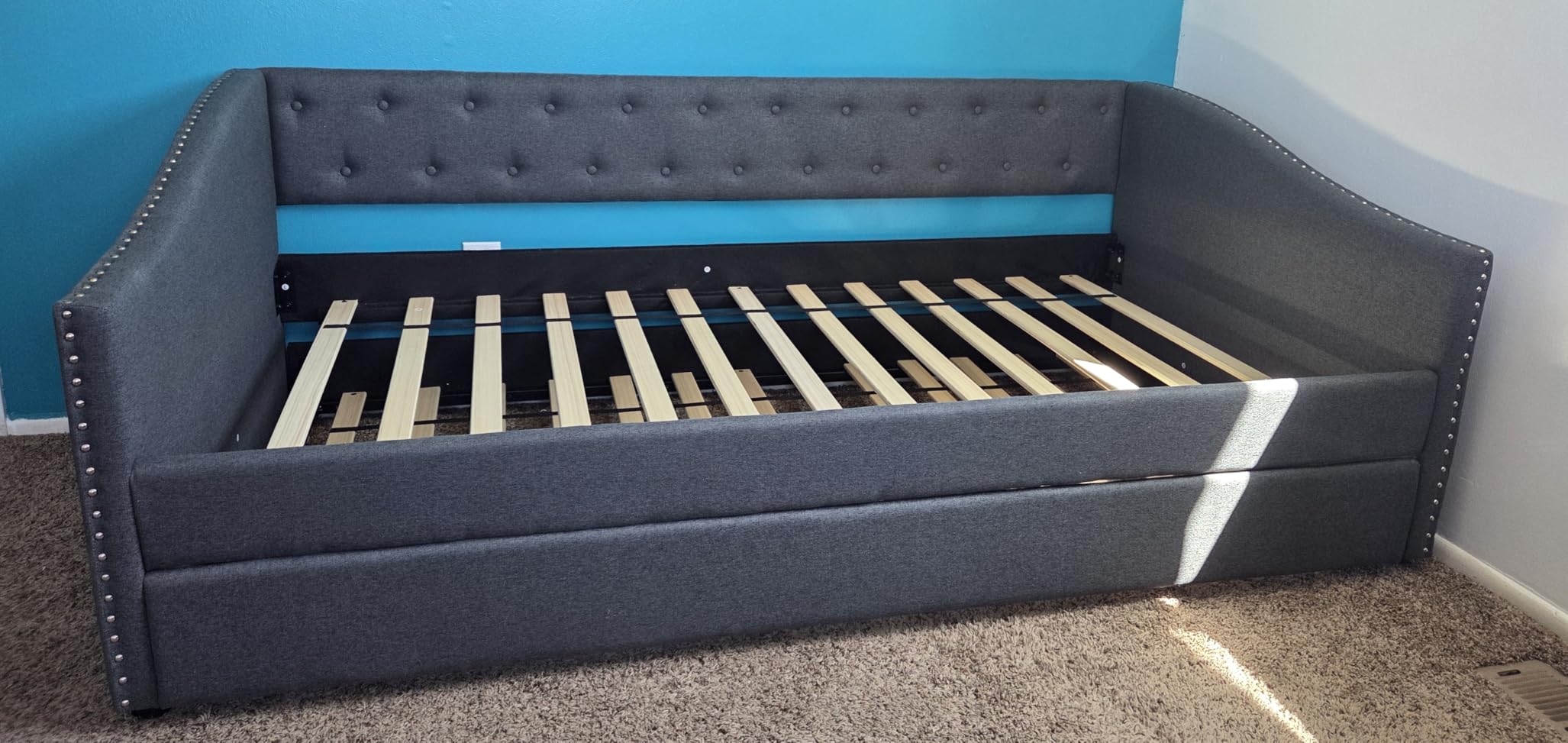 Twin Size Upholstered Daybed with Trundle | Twin Size Trundle, Button-Tufted Back, Piping on Waved-Shape Arms, Solid Wood Frame, Easy Assembly for Bedroom or Guest Room customer photo 1