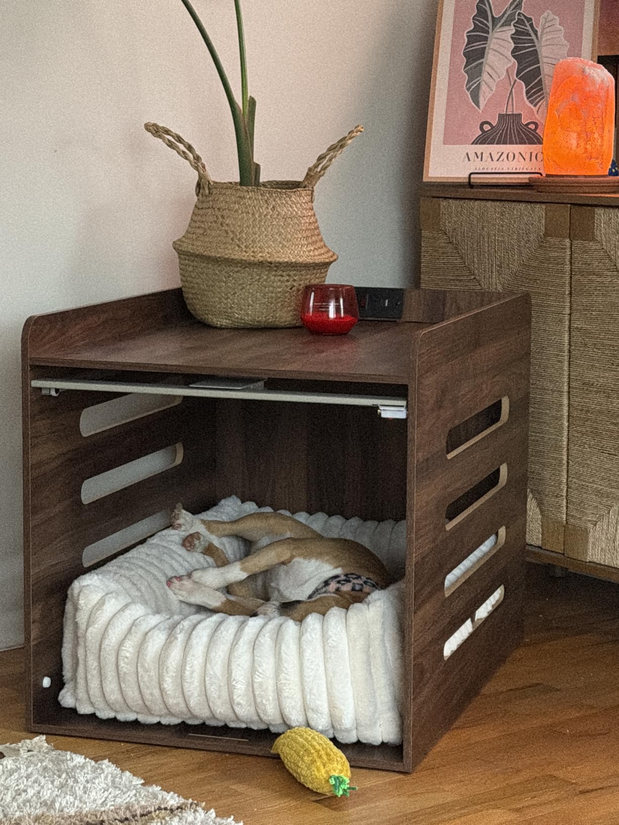 Feandrea Dog Crate Furniture, Flip-Up Hidden Acrylic Door, Charging Station | L Wooden Dog Cage for Large and Medium Dogs up to 45 lb, Indoor Dog Kennel Side End Table, Modern, 23.8
