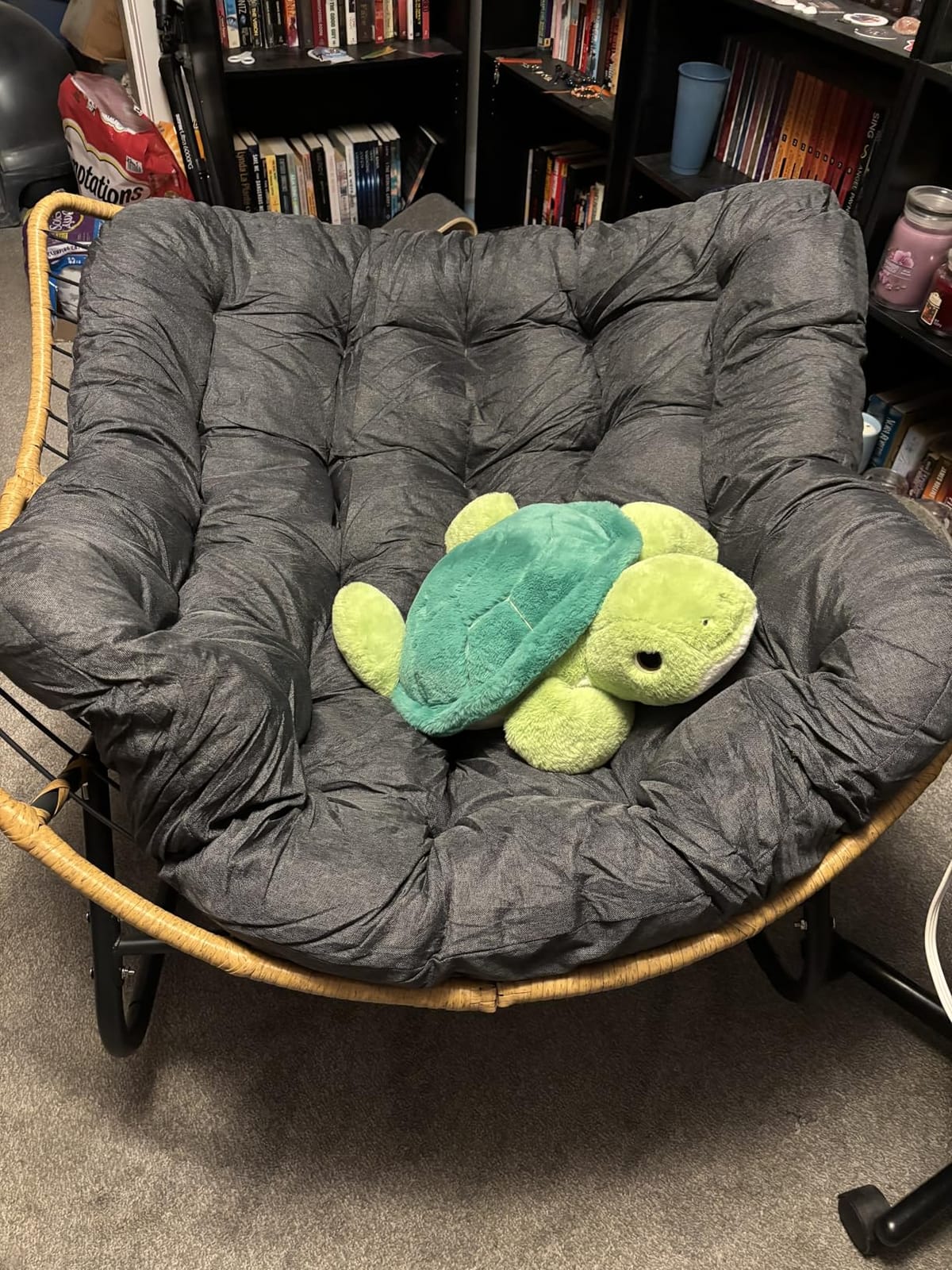 SWITTE Outdoor Rocking Papasan Chair with Thick Cushion, Dark Gray | Oversized Modern Wicker Lounge Rocker with Comfy Cushion, Cozy Egg Chair Steel Frame for Patio, Porch, or Indoor Reading Nook customer photo 1