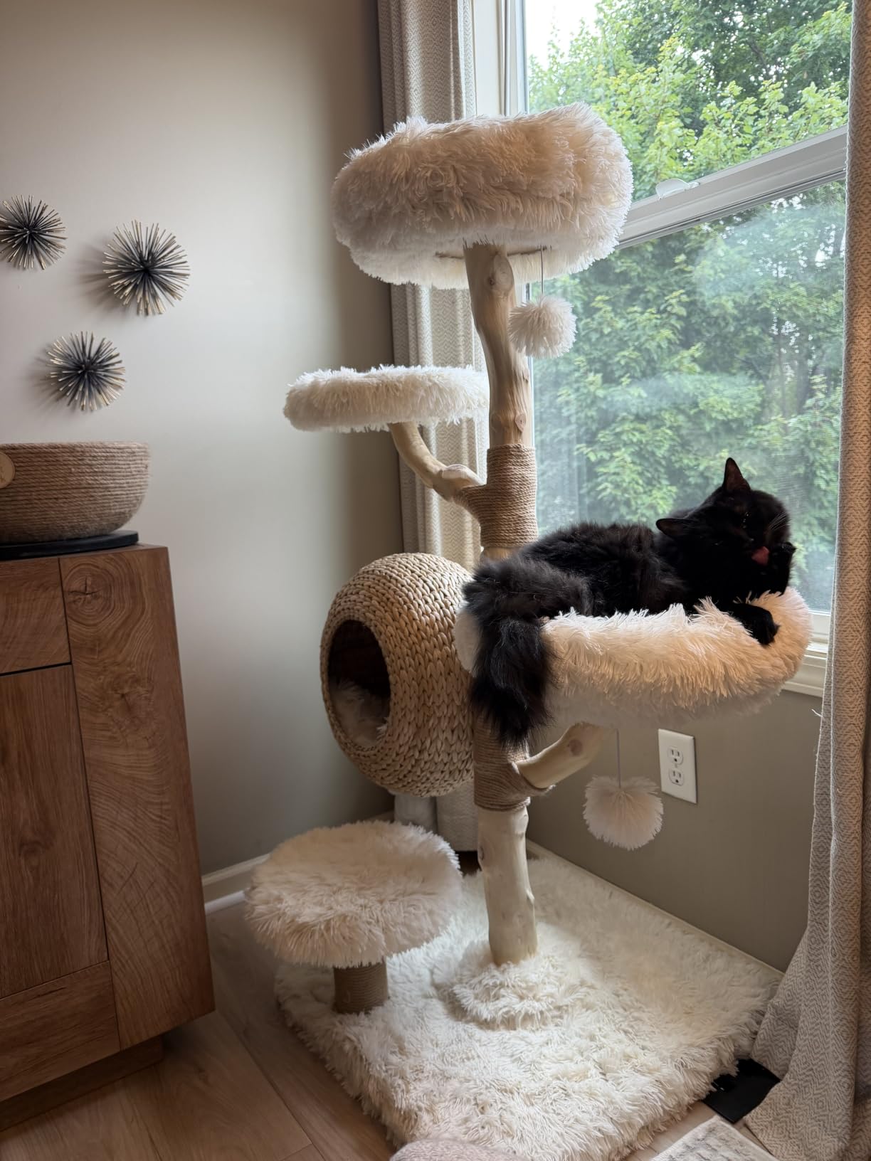 PETSITE 53-inch Wood Cat Tree, Multi-Level Modern Wooden Cat Tower with Scratching Posts, Woven Cat Condo, and Interactive Hanging Balls, Ideal for Indoor Cats and Kittens (White) customer photo 2