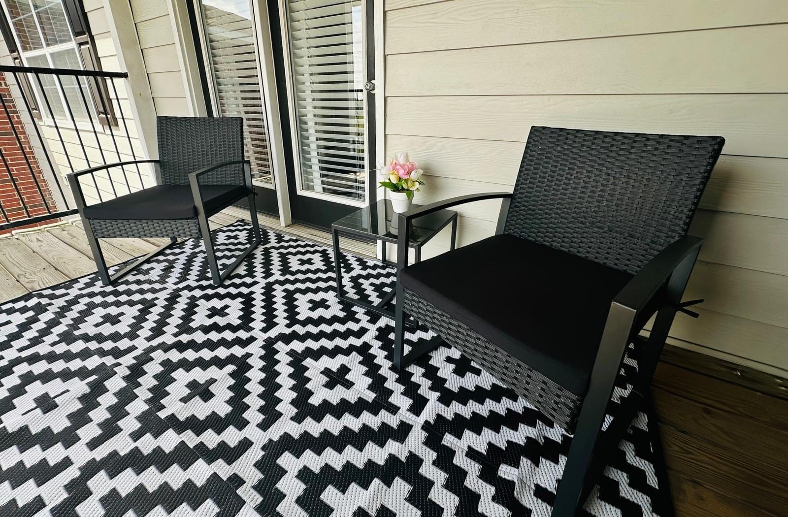 Murago Outdoor 3-Piece Wicker Bistro Set, Patio Conversation Set | 2 chairs with Coffee Table, for Balcony, Porch, Garden, Yard, Poolside, Black Frame & Black Cushion customer photo 1
