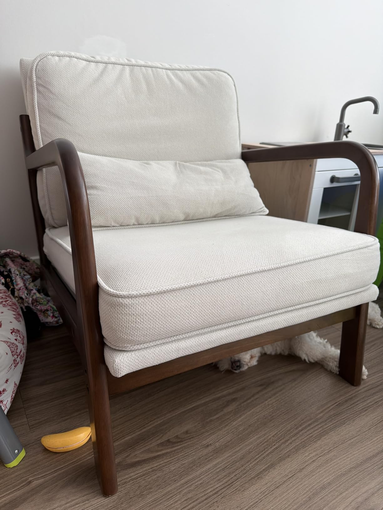 DUMOS Mid Century Modern Accent Chair, 16'' Seat Height Cozy Lounge Chair | Upholstered Armchair with Waist Cushion and Wood Frame for Living Room, Bedroom, Reading Nook, Home Corner, Balcony, Beige customer photo 1