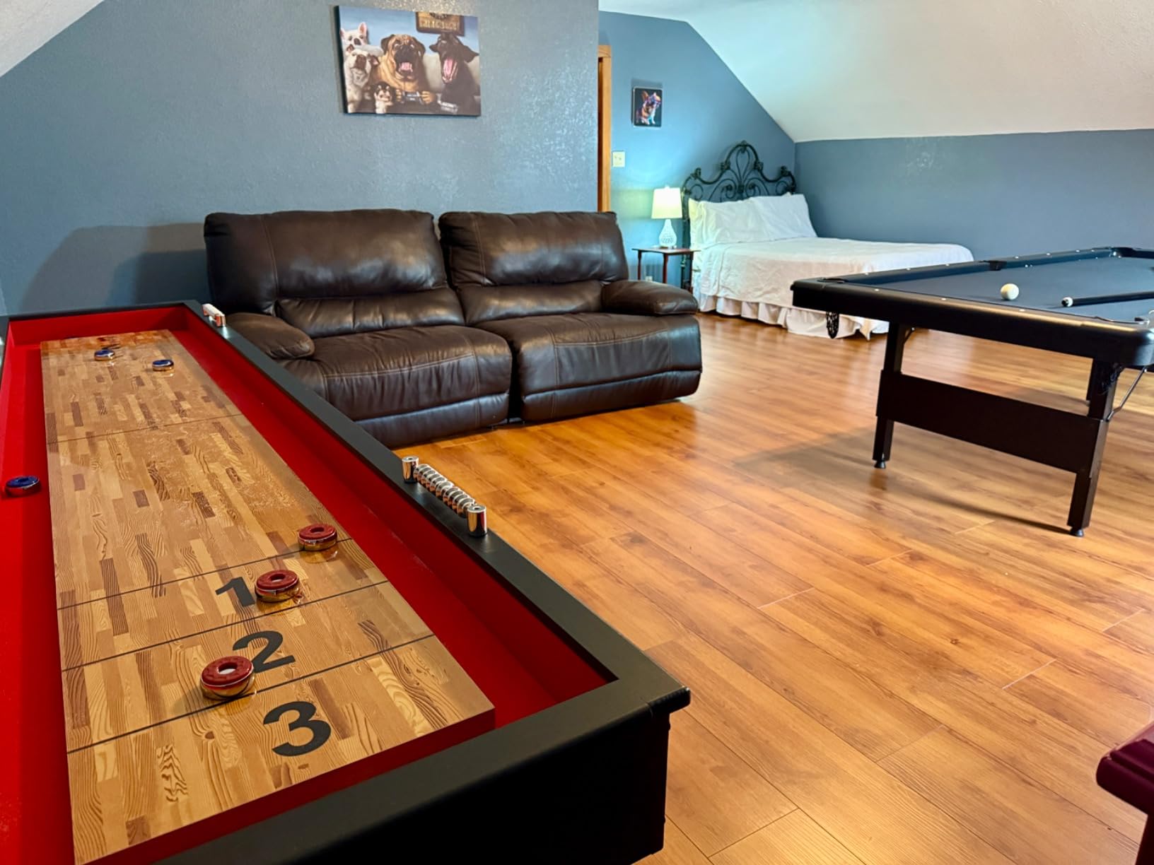 Hathaway Avenger 9 Ft Shuffleboard Table for Family Game Room – Poly-Coated Playfield, Built-in Scorer & Cabinet, Carpeted Gutters, 8 Pucks, Brush & Wax – Black Finish customer photo 2