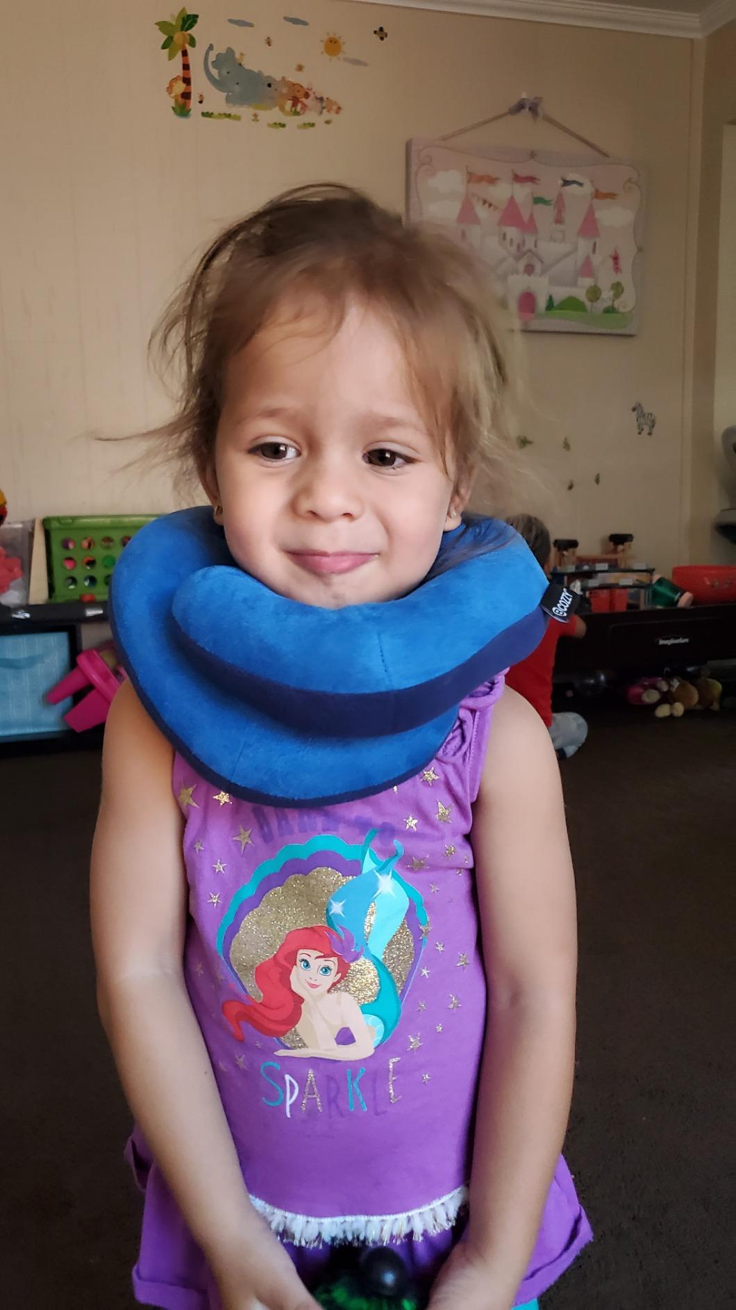 BCOZZY Kids Travel Neck Pillow (3-7 Y/O)- Patented Soft Toddler Pillow for Head & Chin Support in Car Seat, Airplane, and Road Trip Sleeping. Adjustable Size. Fully Washable. Carry Bag. Small, Navy customer photo 2